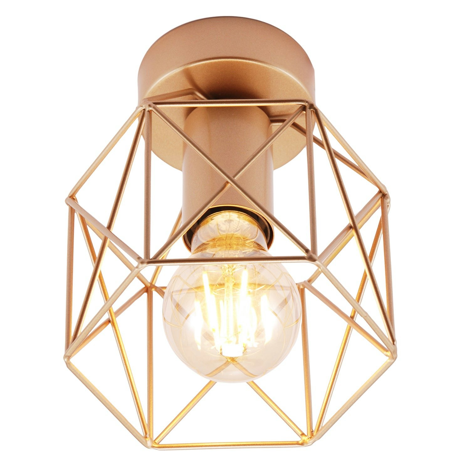 Rackhams Gold Vintage Industrial Satin Ceiling Lighting Fitting With Wire Cage Design