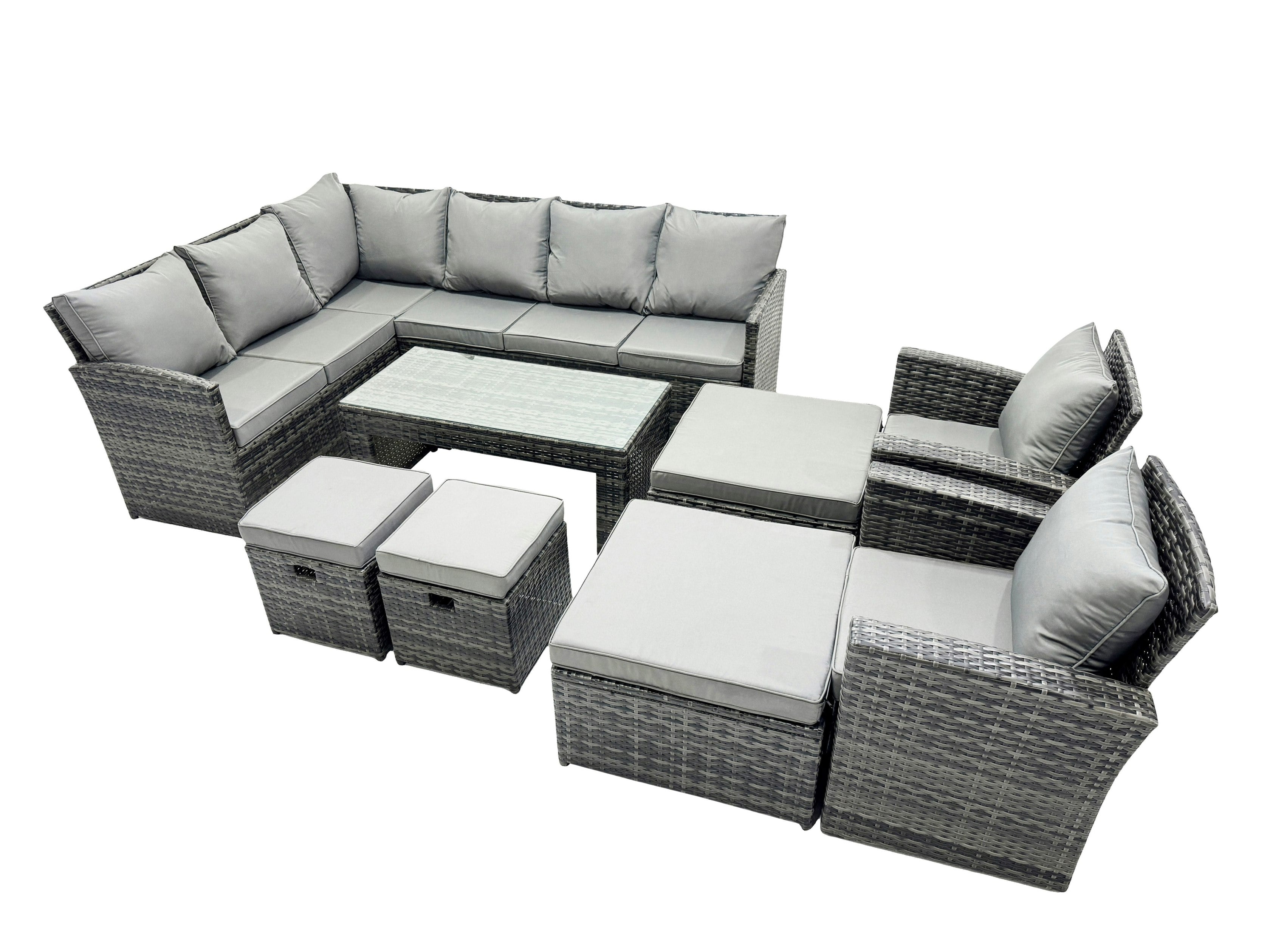 Fimous Dark/Grey 12 Seat Poly Rattan Outdoor Patio Oblong Coffee Table Corner Sofa Set With 4 Stools Chair For Garden Backyard Mixed