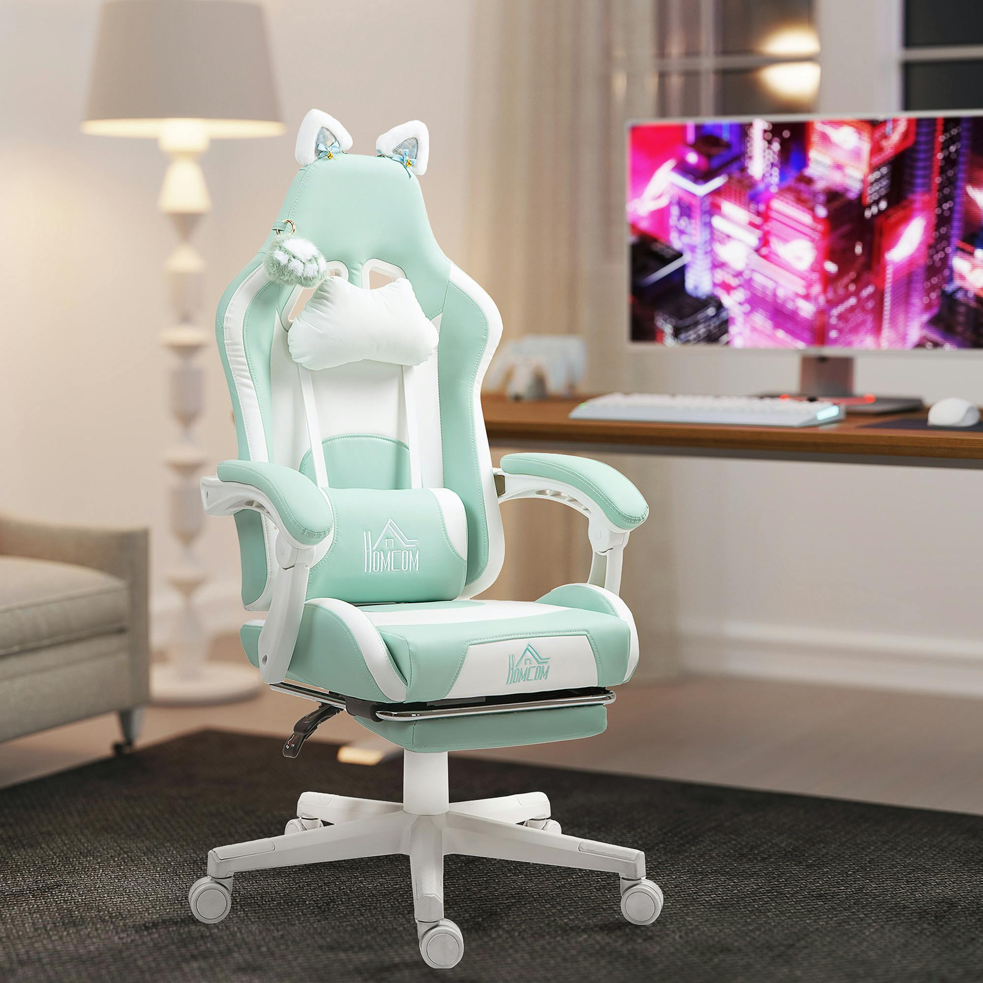 HOMCOM Gaming Chair with Footrest - Reclining Computer Chair - Light Blue, Blue - Image 2