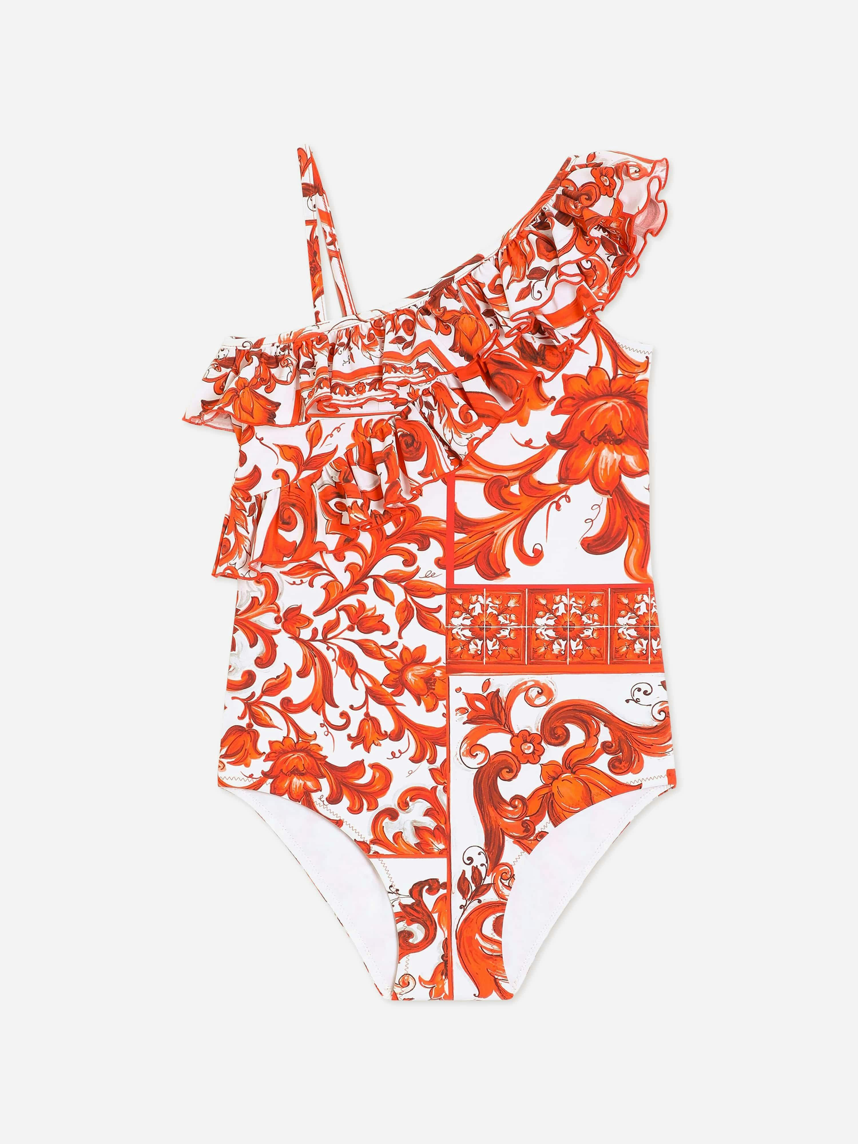 Dolce & Gabbana Kids Girls Orange Dolce & Gabbana Majolica Print Ruffle Swimsuit In - 6 Yrs