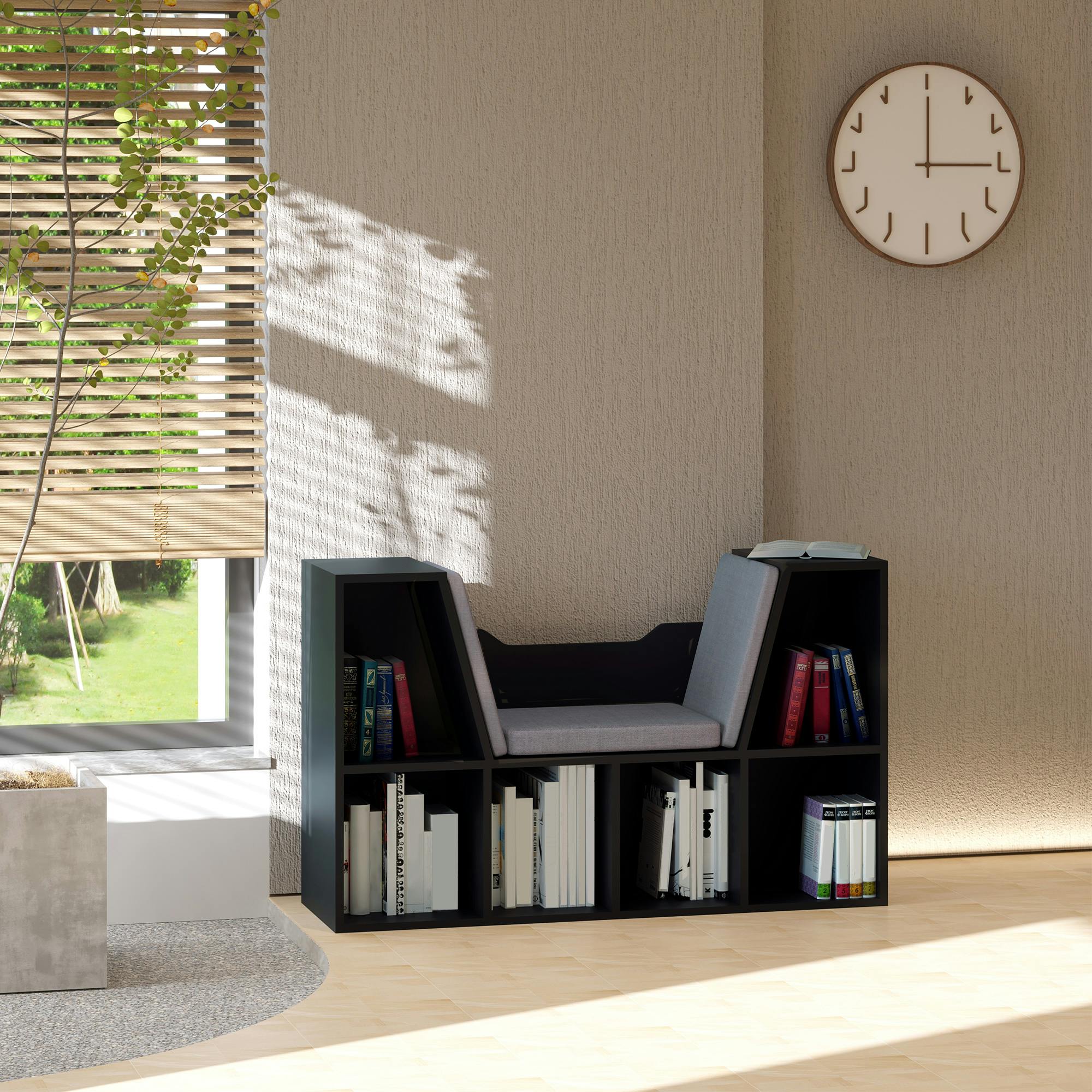 Rackhams Black Cube Bookshelf Organizer With Reading Seat, Six Cubes,