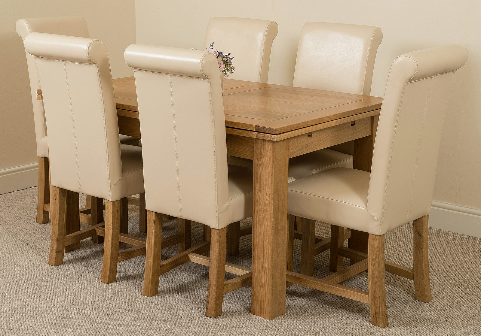 Rackhams Ivory Richmond Medium Oak Extendable Dining Table With Washington Leather Chairs - 6 Chairs