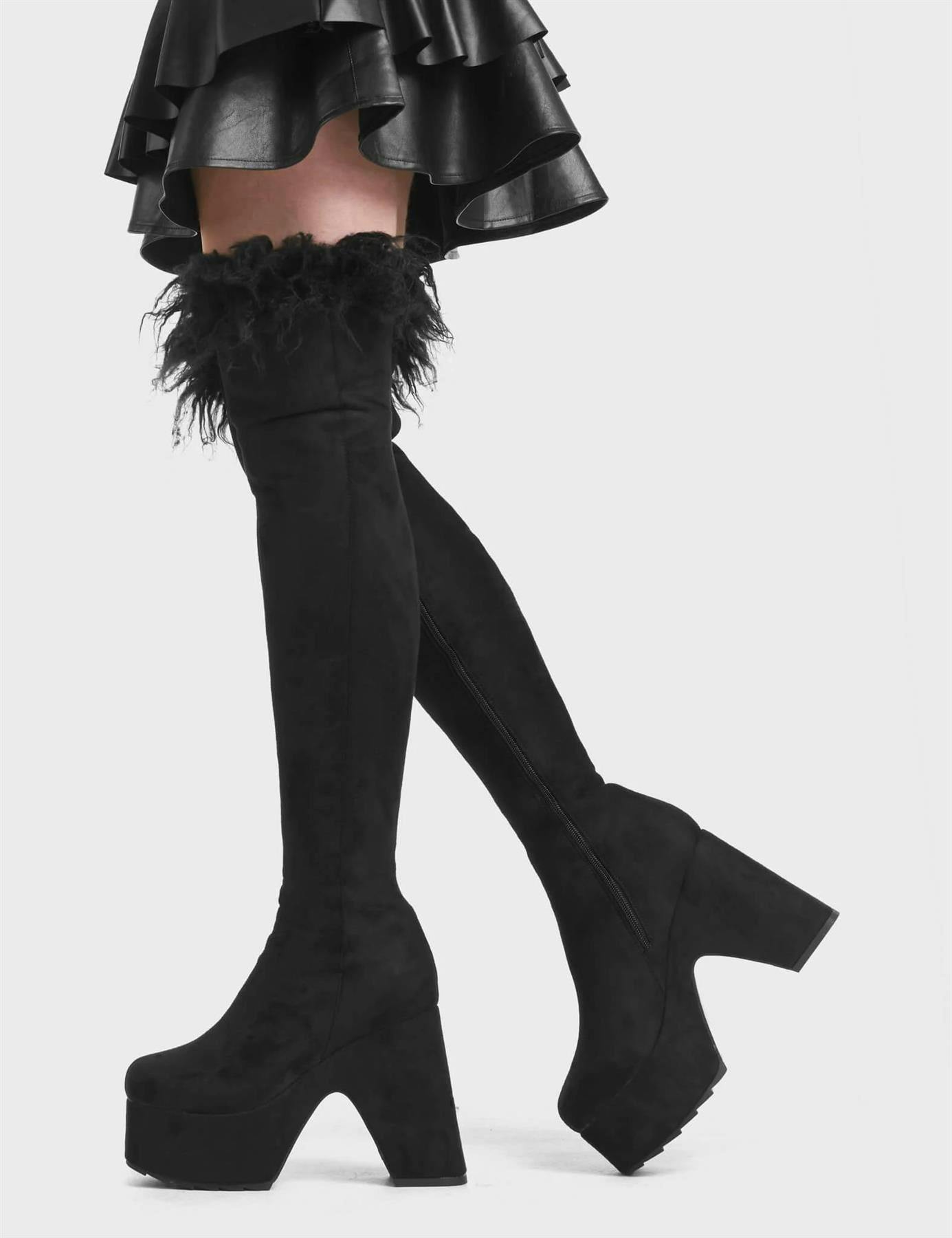 Lamoda Black Another Level Suede Feather Cuff Platform Thigh High Boots Size - Uk3