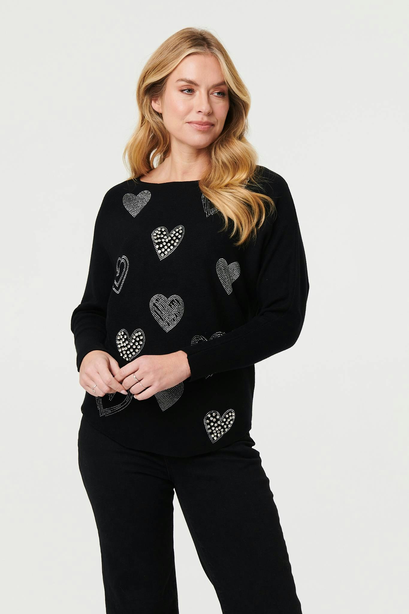 Izabel London Black Sparkly Heart Print Long Sleeve Jumper - S/M
