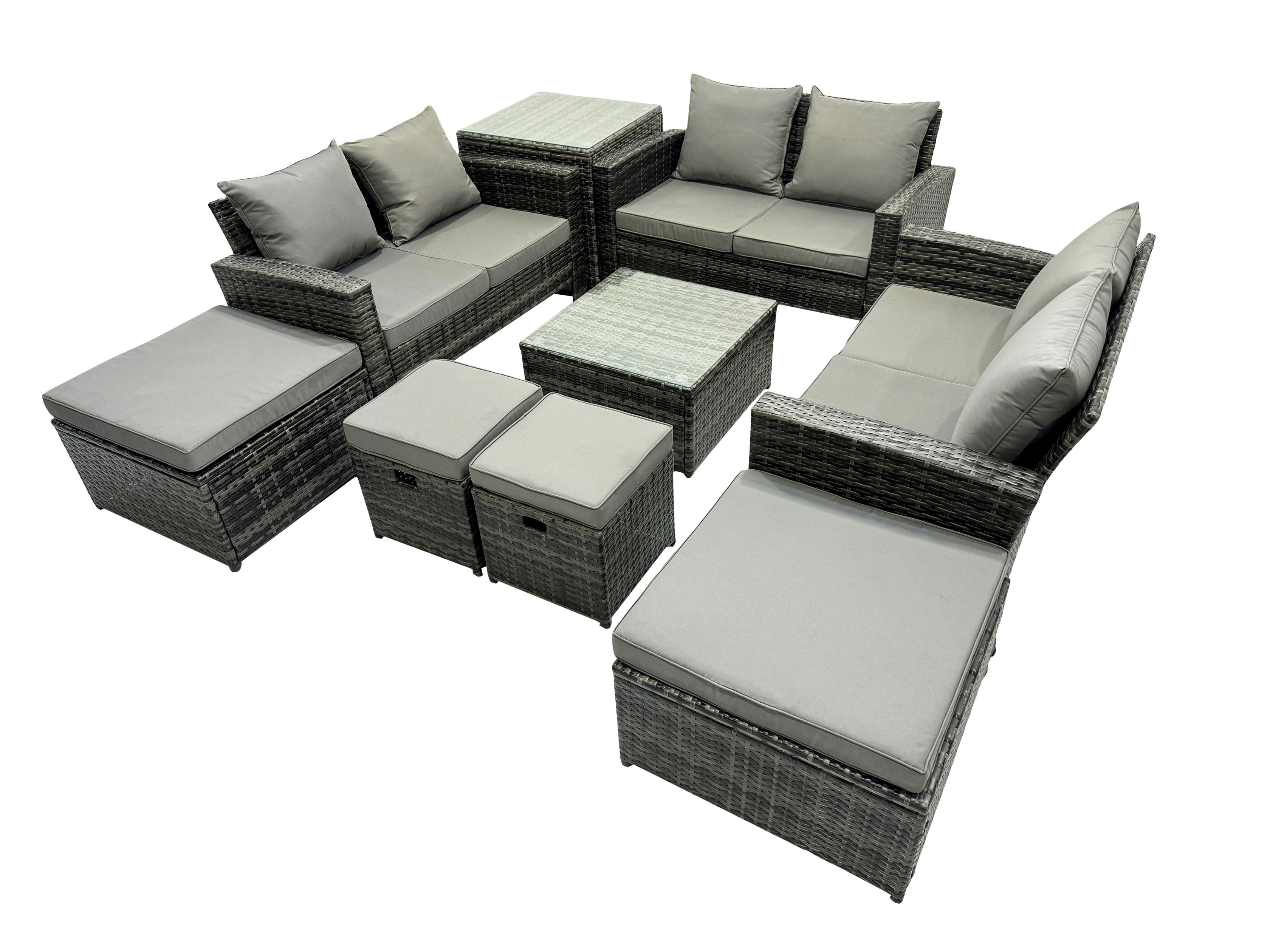 Fimous Dark/Grey Pe Rattan Garden Furniture Set Lounge Double Seat Sofa Coffee Table Set With Side Table 4 Stools Mixed