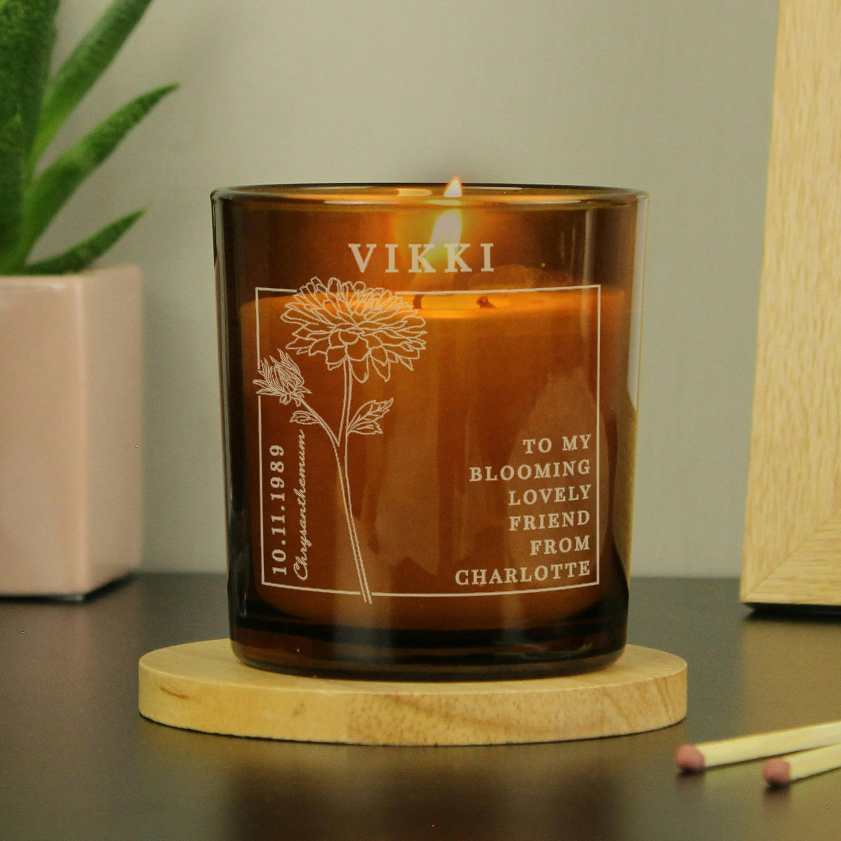 Personalised Memento Company Amber Personalised November Birth Flower Glass Candle