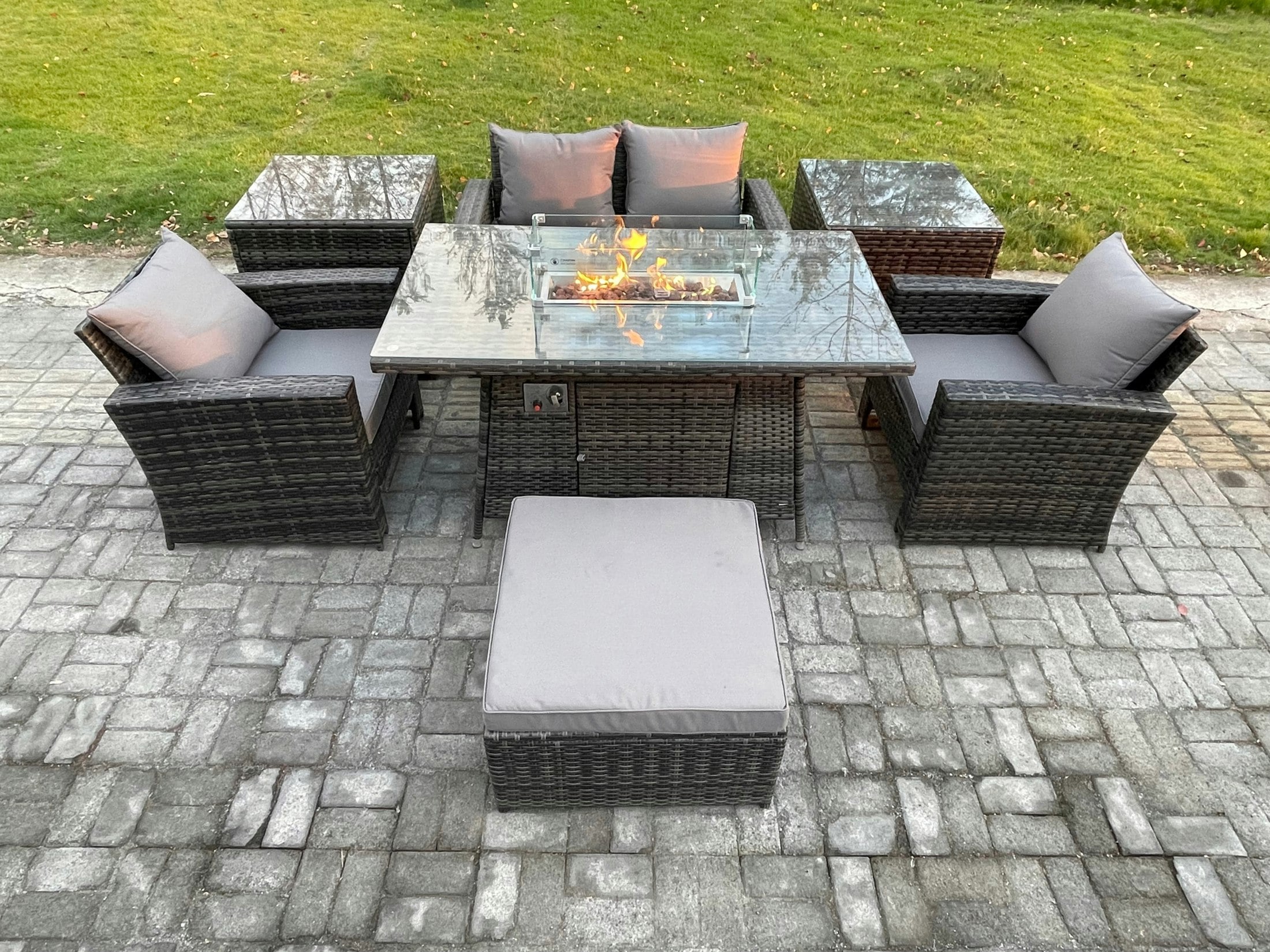 Fimous Dark/Grey 5 Seater?Outdoor Rattan Sofa Set Garden Furniture Gas Fire Pit Dining Table Heater With 2 Side Tables Big Footstool Mixed