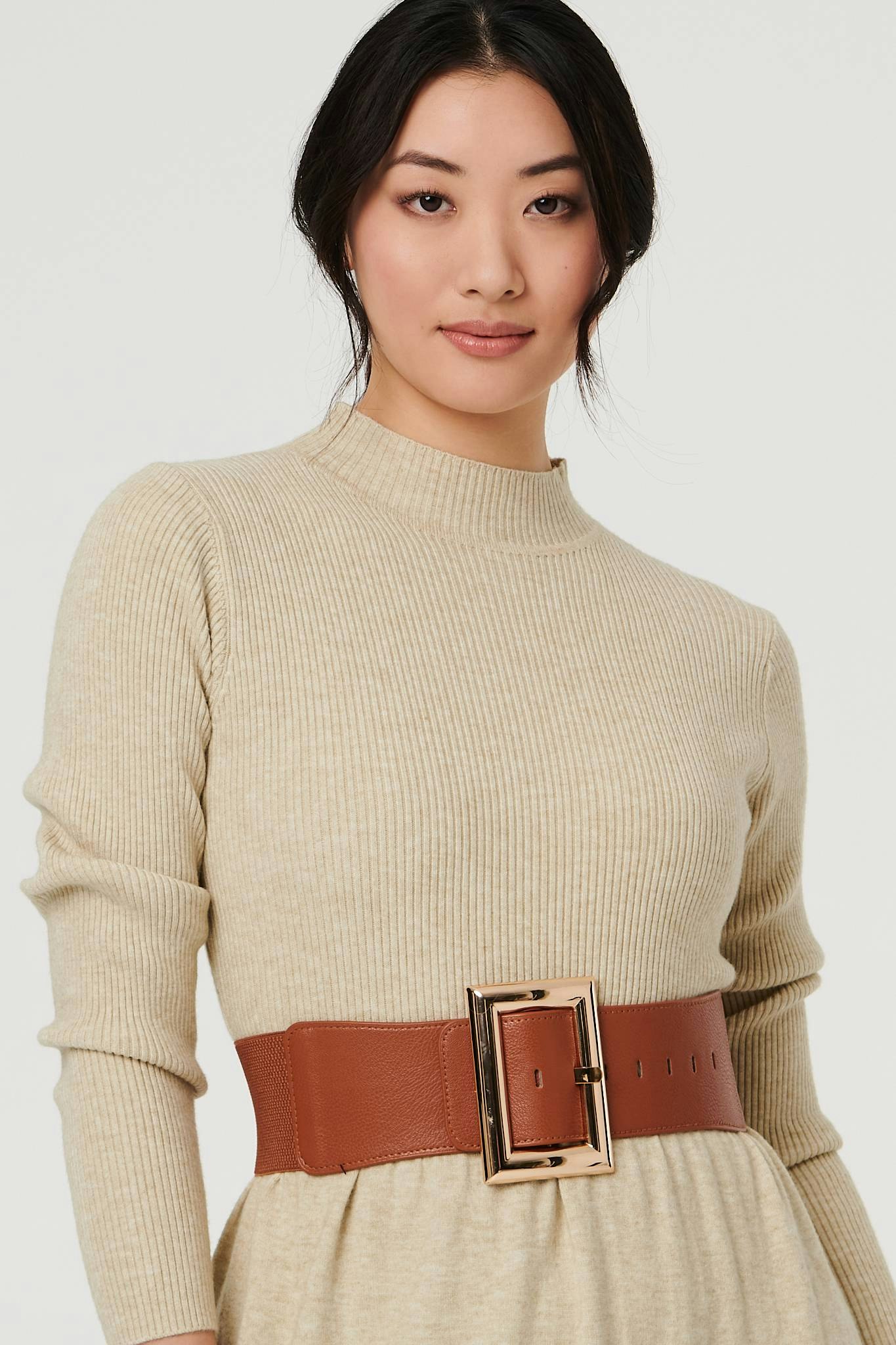 Izabel London Rectangle Buckle Stretch Wide Belt - Tan - One