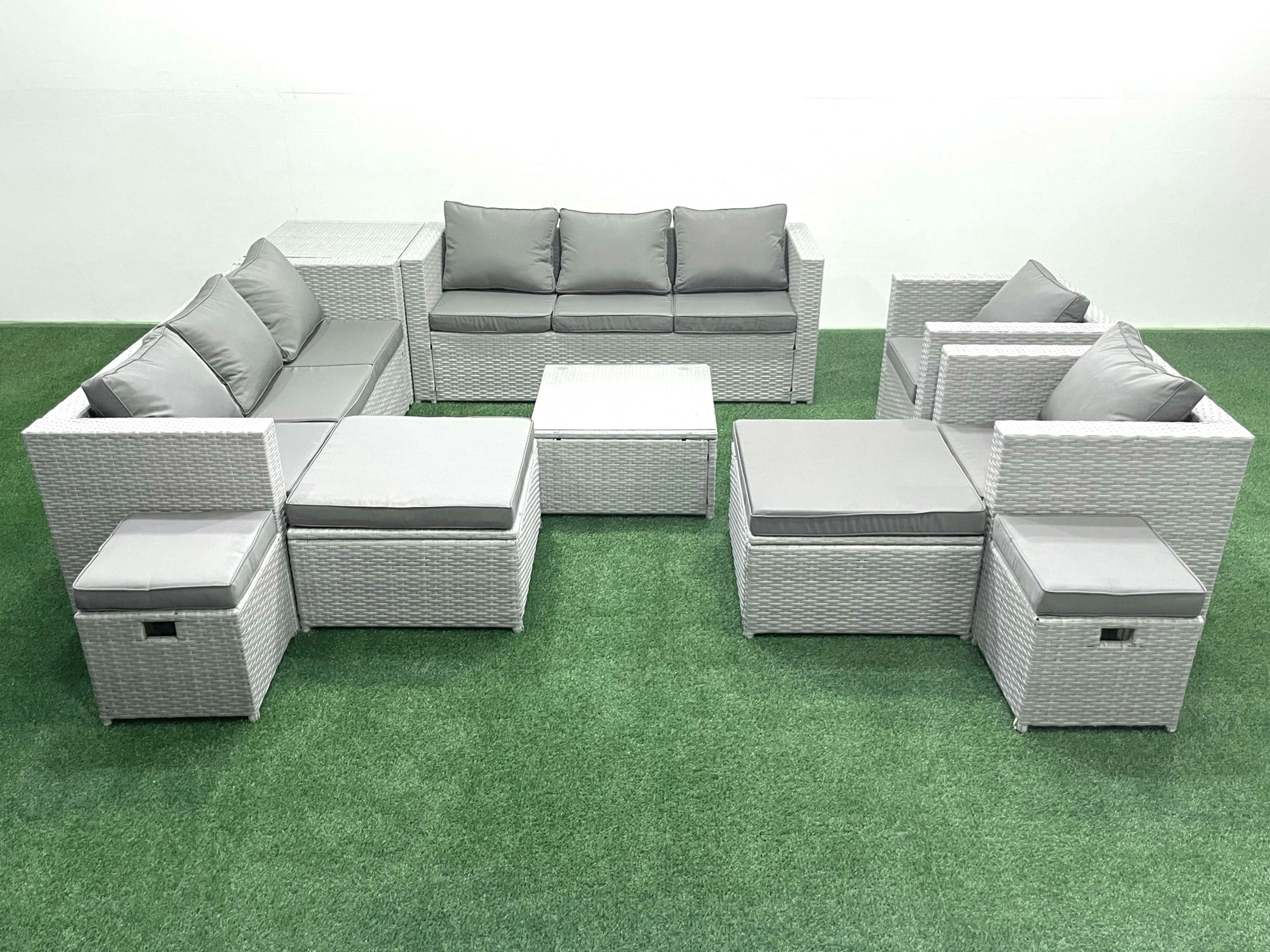 Rackhams Light/Grey Garden Outdoor Furniture Set 12 Seater Rattan Sofa Set With 4 Footstools Side Table Mixed
