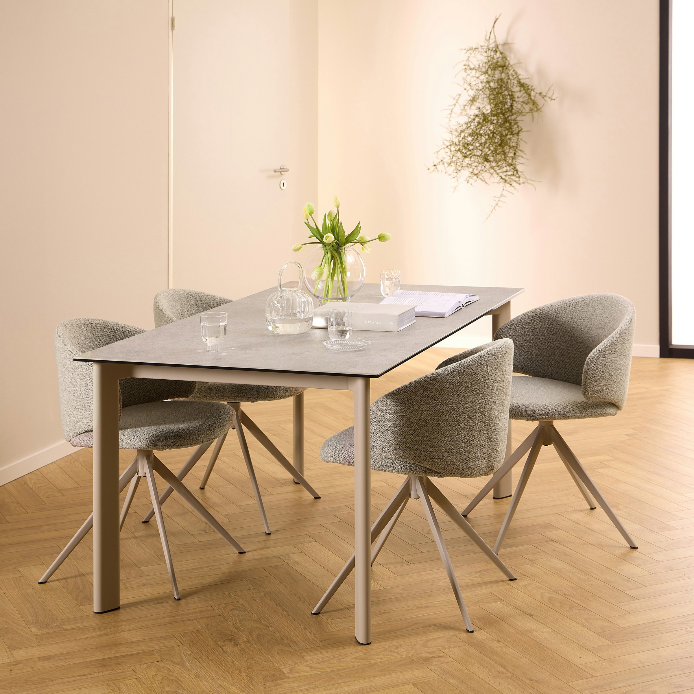 Furniture To Go Grey/Beige Palermo Ceramic Dining Table In 160X75cm Included 4 Ella Swivel Dining Chairs - No