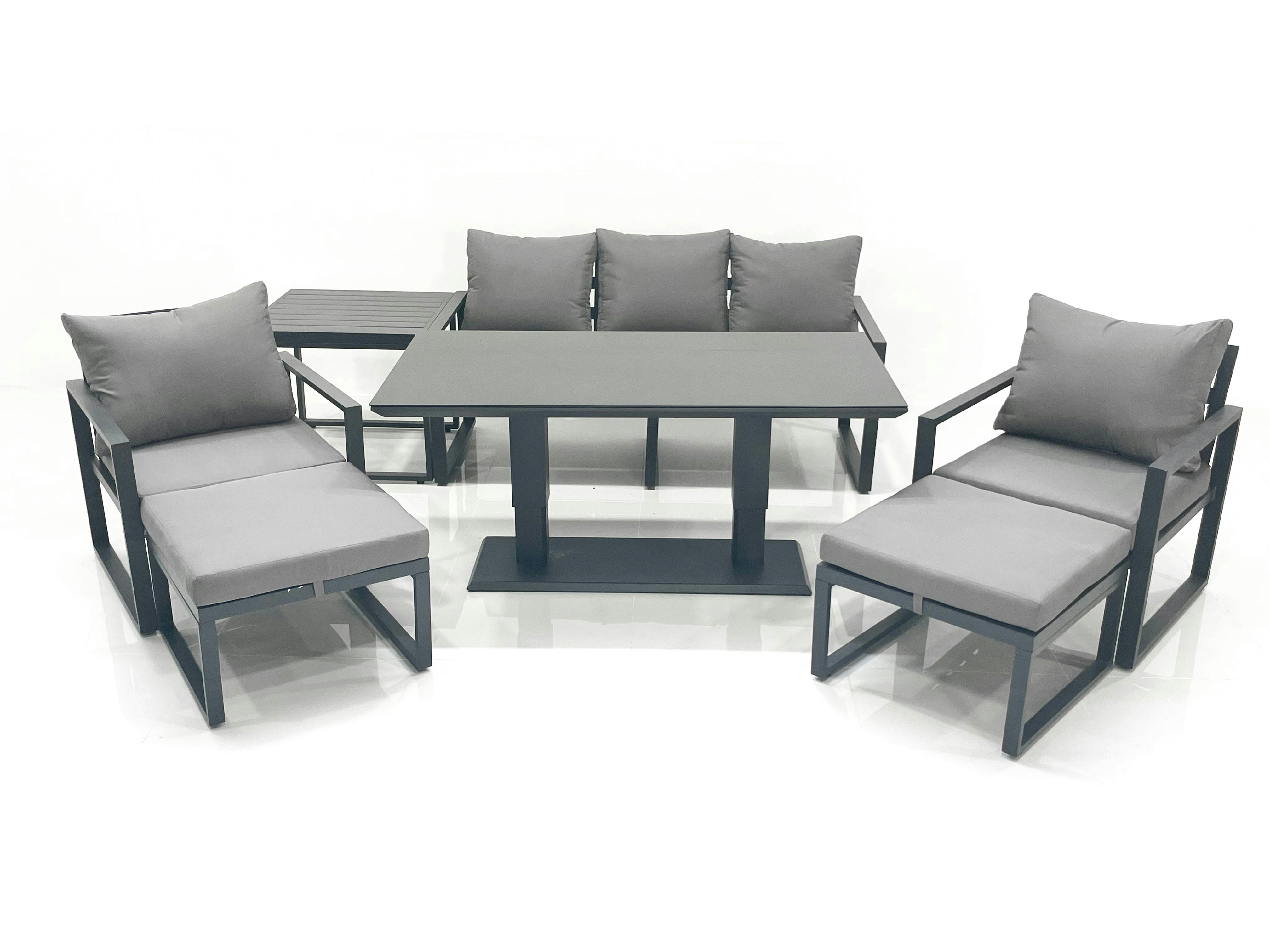Fimous Dark/Grey Outdoor Aluminium Garden Furniture Set With Adjustable Rising Lifting Dining Table 3 Seater Sofa 2 Chair 2 Big Footstools Side Table