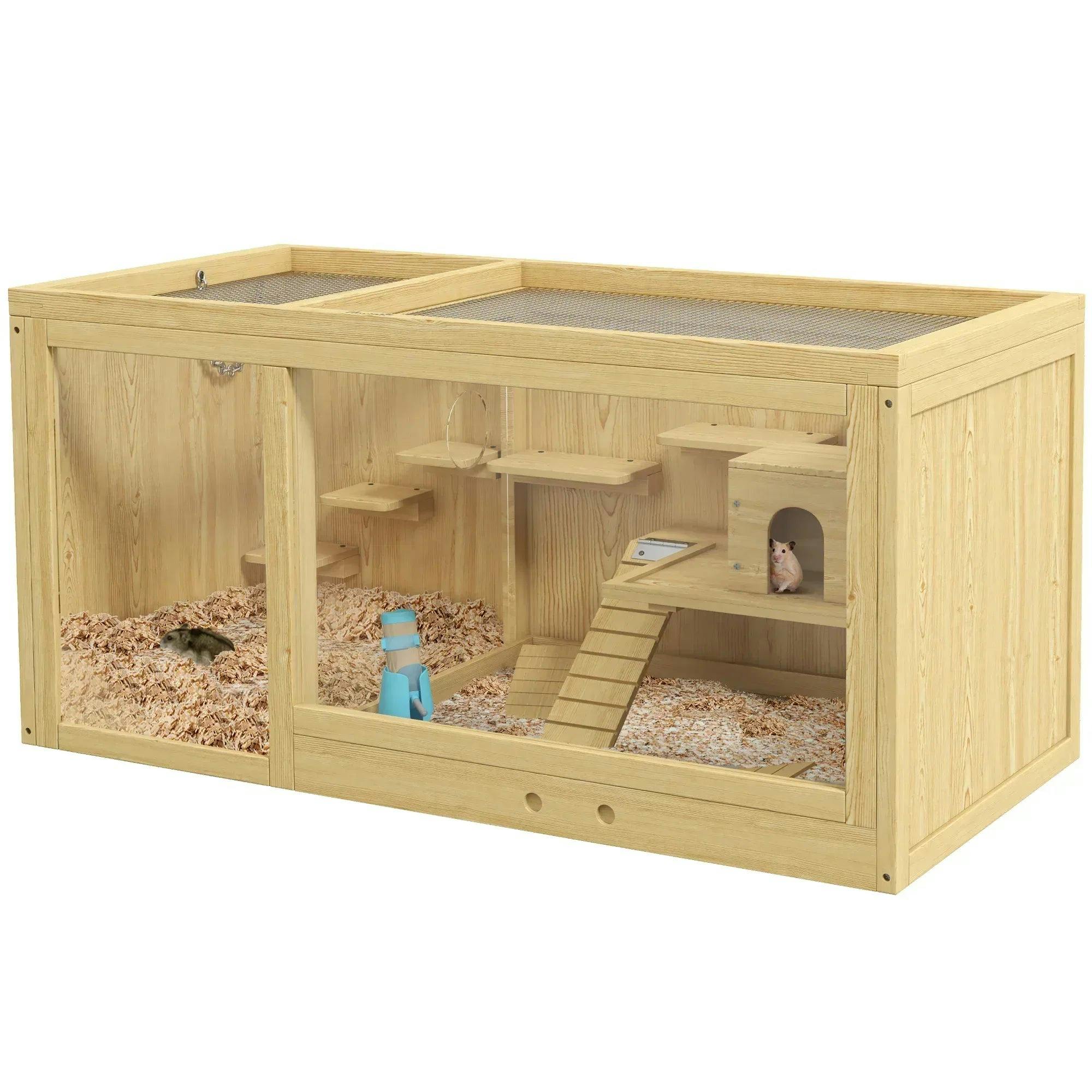 Pawhut Wooden Hamster Cage With Water Bottle, Platforms, Openable Roof - Image 4