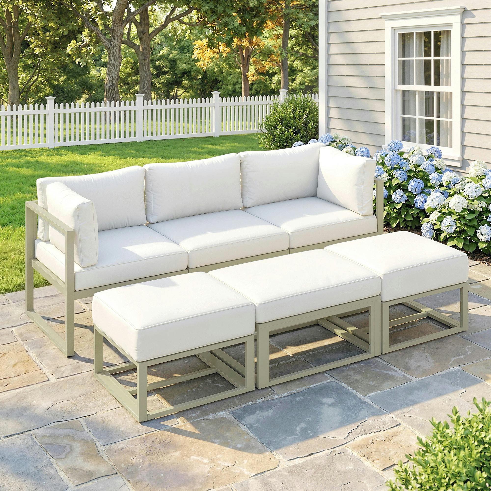 Rackhams Cream 6 Pc Garden Daybed, Sectional Sofa Set With Coffee Table, Footstool - Aluminium, Polyester - 69 X 65 X 63 Cm