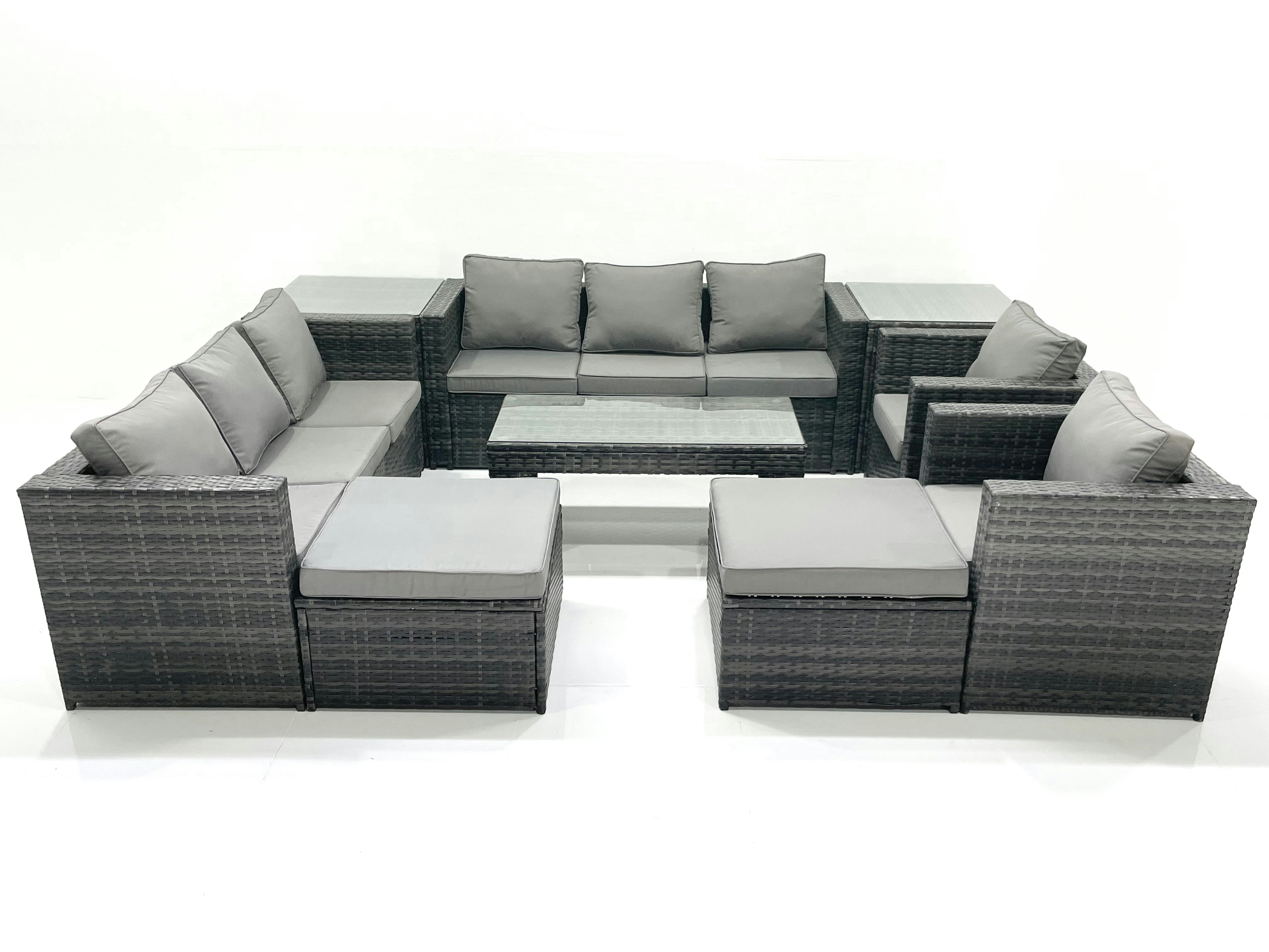 Rackhams Dark/Grey Rattan Garden Furniture Sofa Set With Coffee Table Armchair 2 Side Tables 2 Big Footstools Mixed