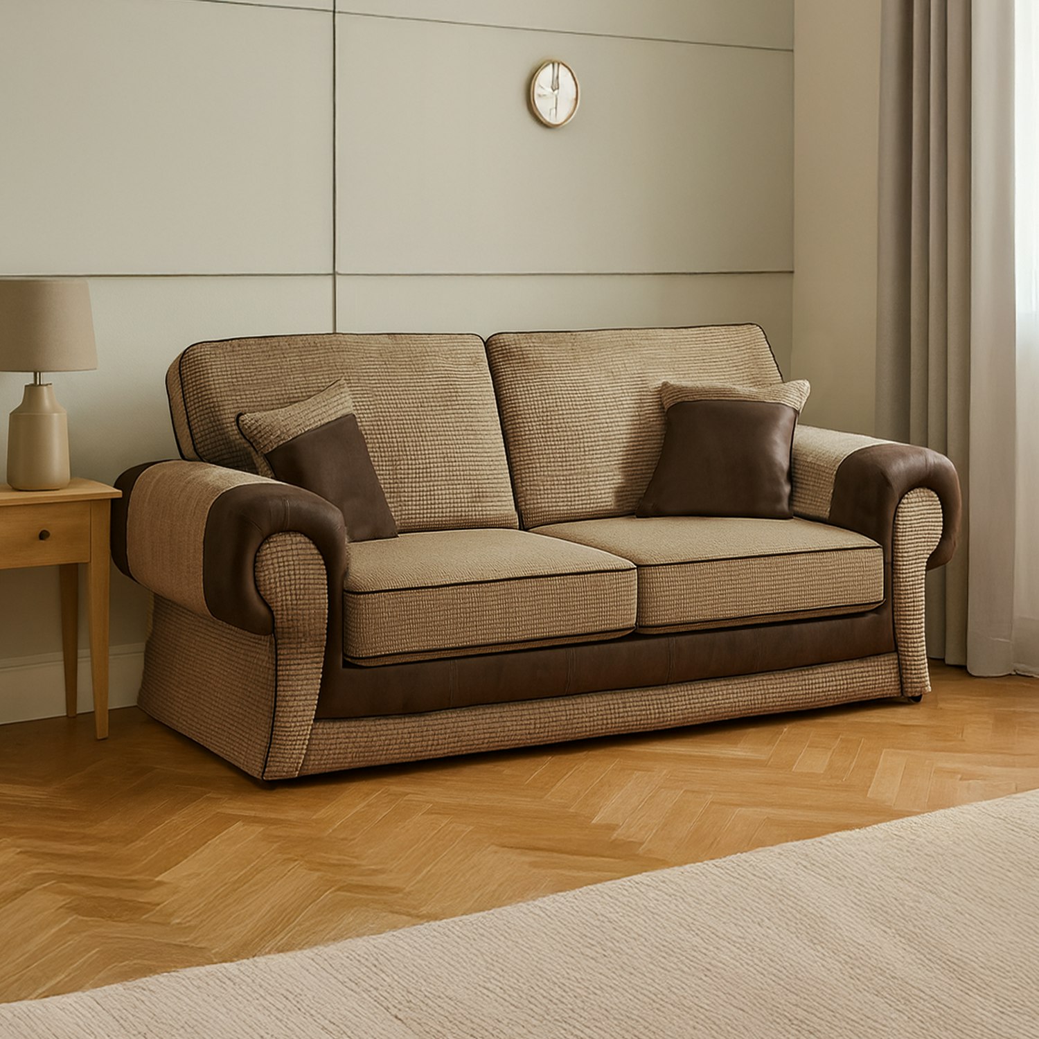 Rackhams Brown/Beige Portland Mixed Fabric Cord 2 Seater - And