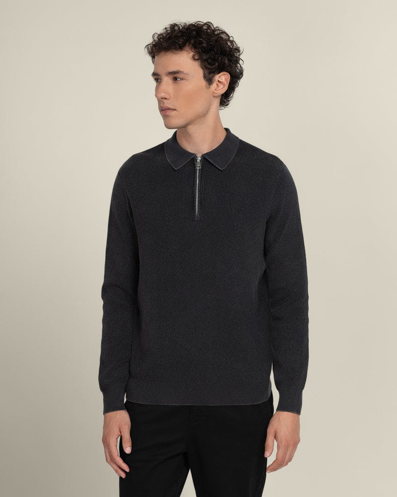 Larsson & Co Black Gaerum - Vintage Wash Long Sleeve Polo Shirt - M