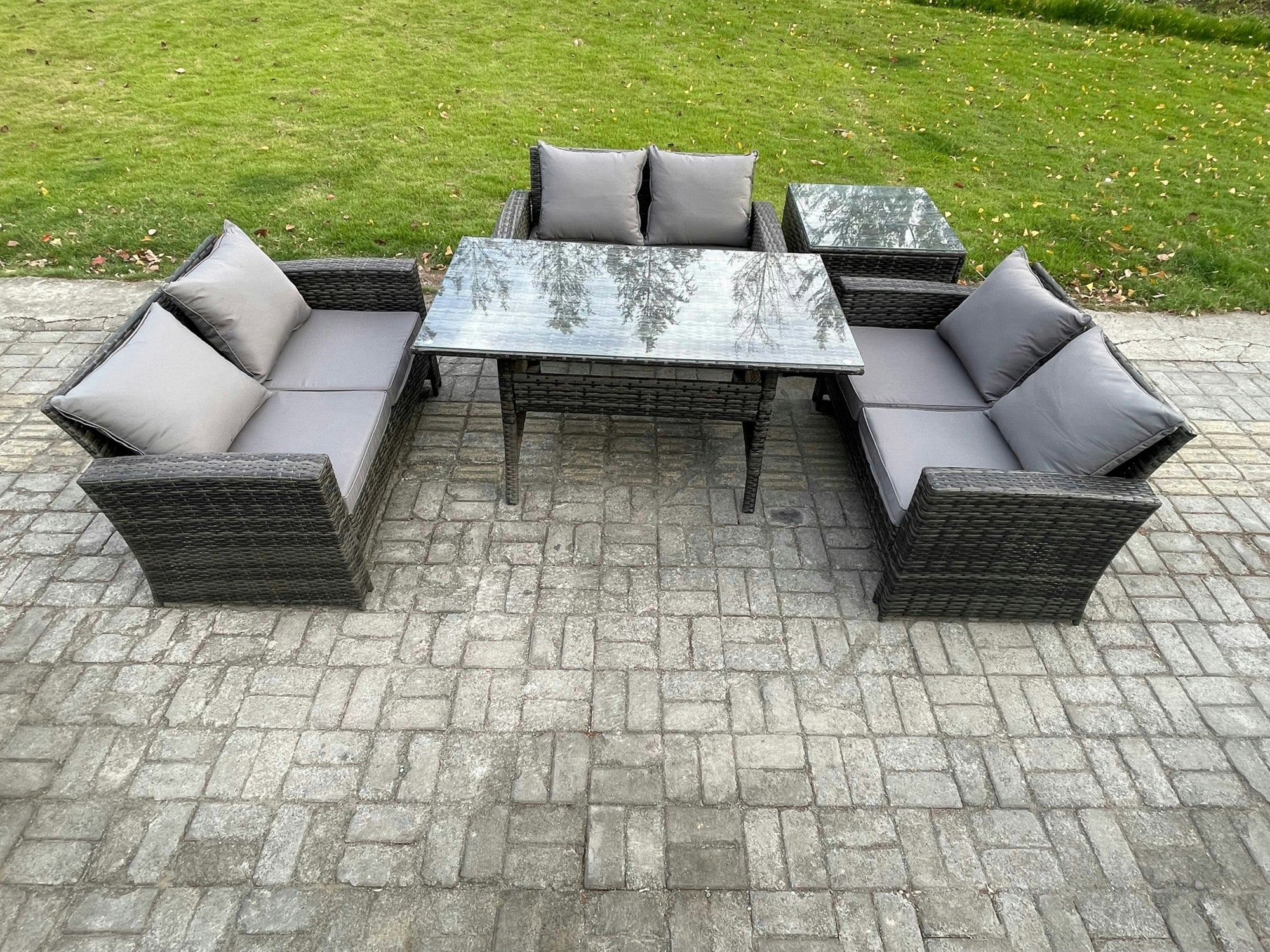 Rackhams Dark/Grey 6 Seater Rattan Wicker Garden Furniture Patio Conservatory Sofa Set Indoor Outdoor With Dining Table Double Seat Sofa Side Table