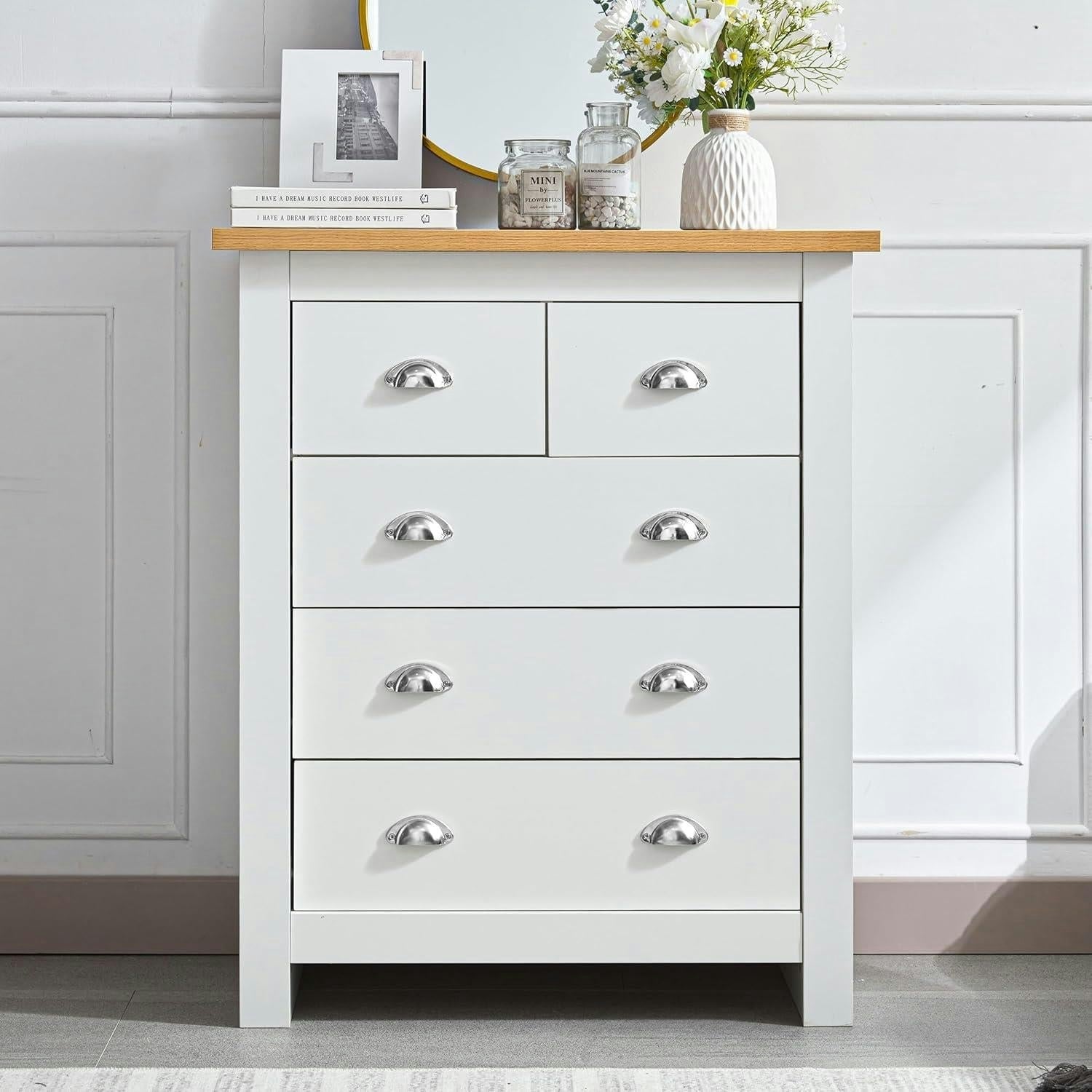 Kosy Koala White 5-Drawer Dresser With Light Wood Top, Bedroom Storage Chest, Silver Handles, W79cm - Image 7