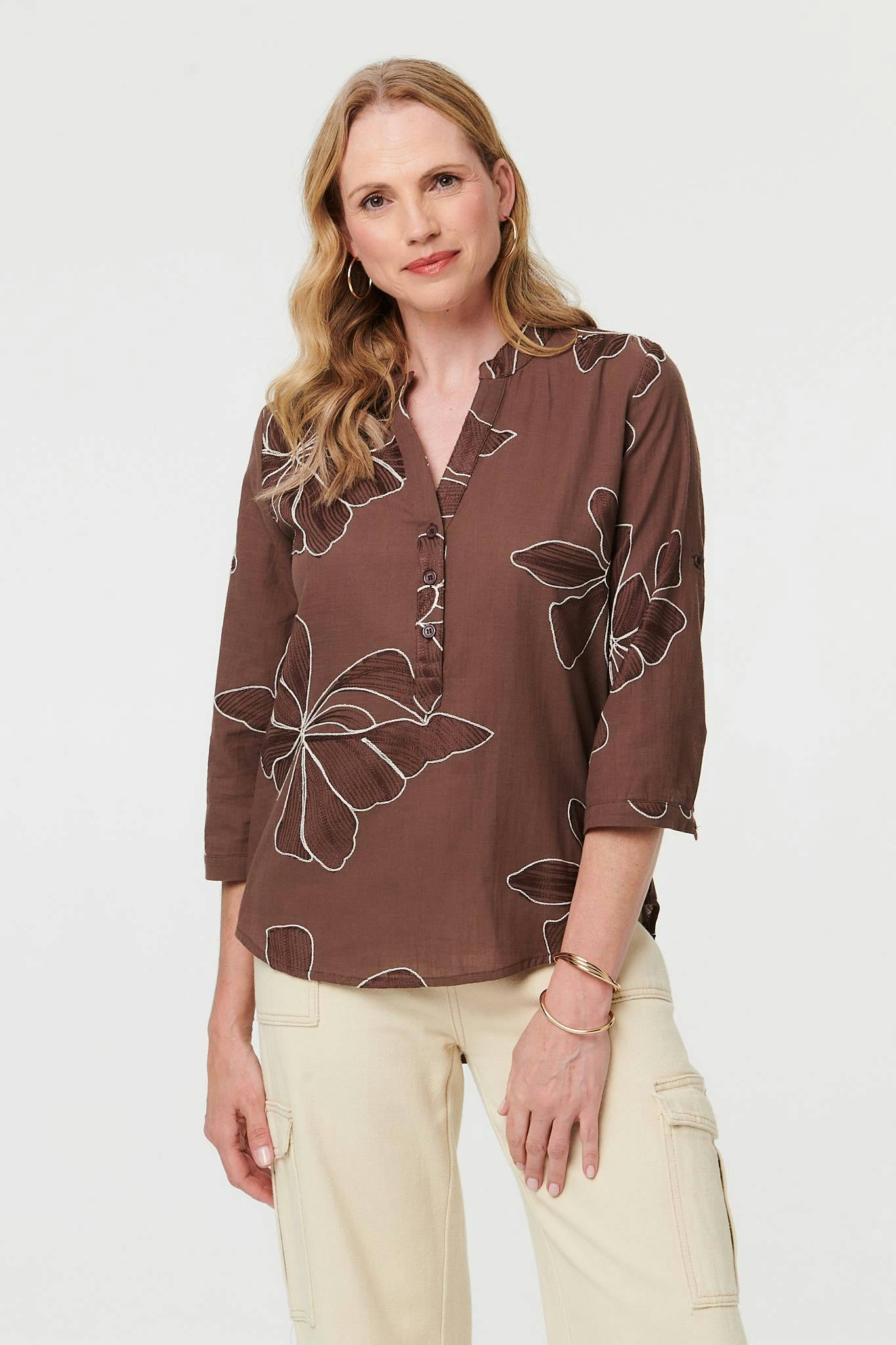 Izabel London Brown Embroidered Floral 3/4 Sleeve Blouse - 10