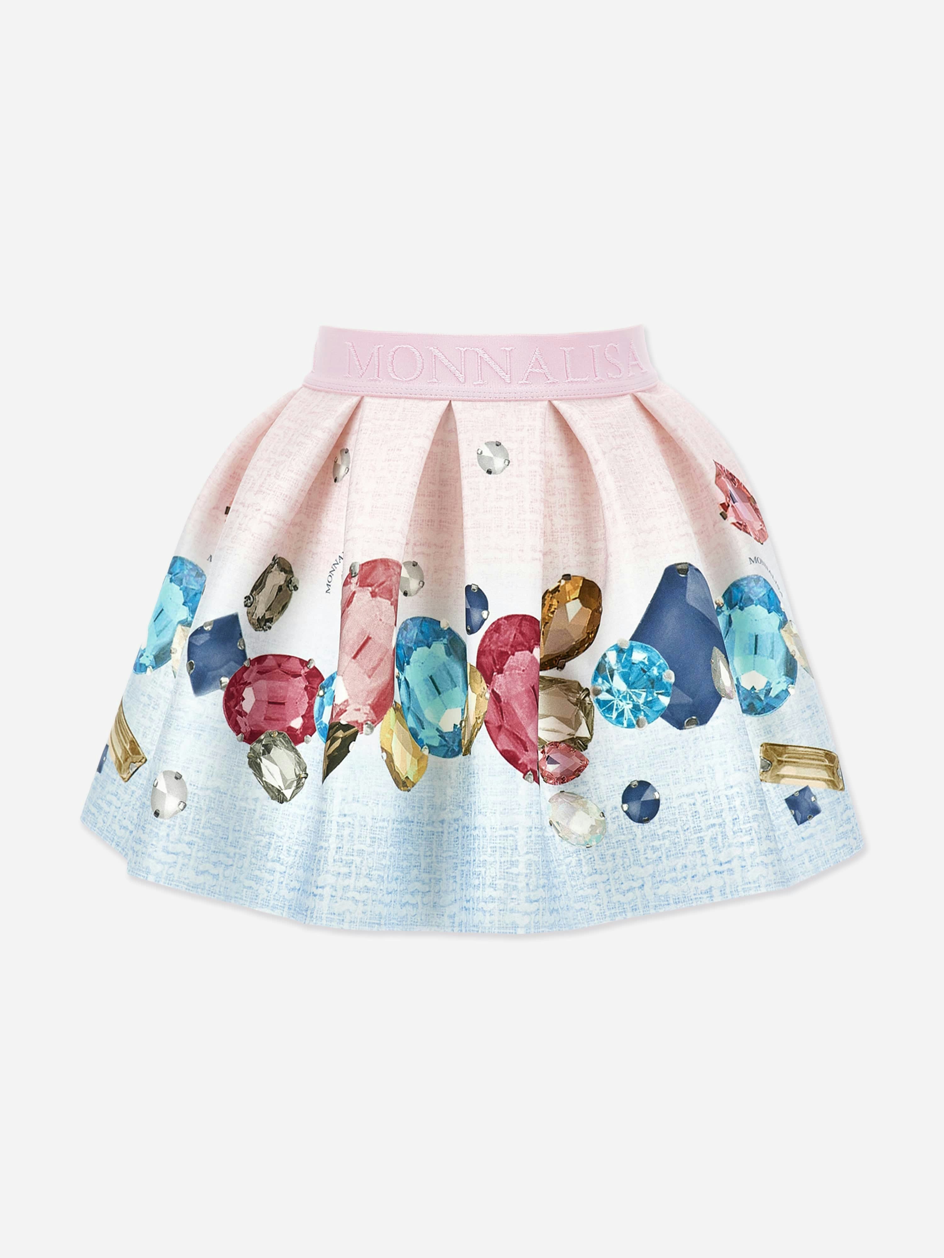 Monnalisa Girls Pink Gem Print Neoprene Skirt In - 12 Yrs