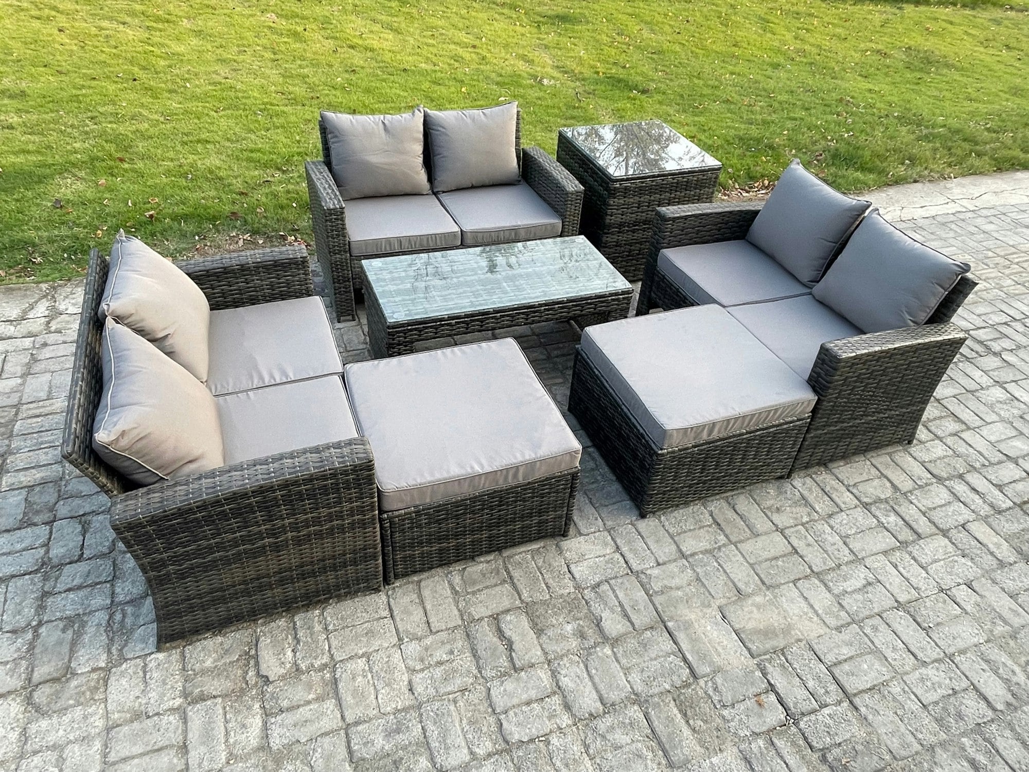 Fimous Dark/Grey Outdoor U Shape Sofa Set Wicker Pe Rattan Garden Furniture Set With Coffee Table Double Seat Sofa 2 Big Footstool Side Table Mixed
