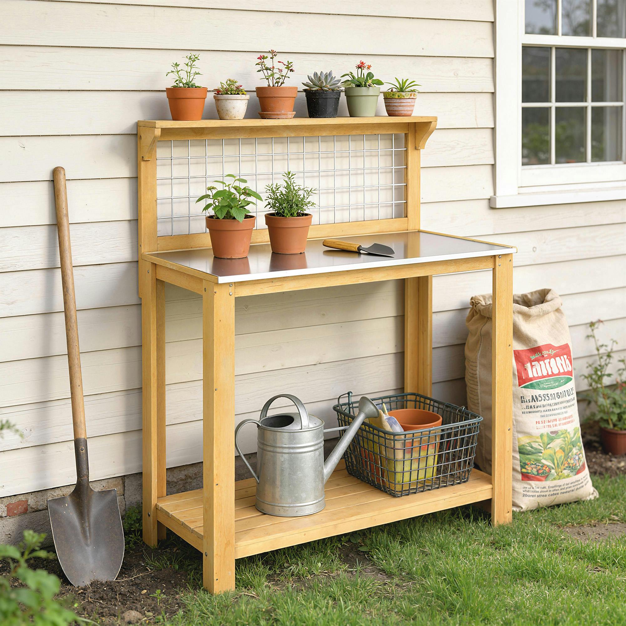 Rackhams Green Wooden Potting Bench Table With Aluminium Worktop - Aluminium, Fir Wood - 100L X 48W X 119H Cm - Potting Bench Table