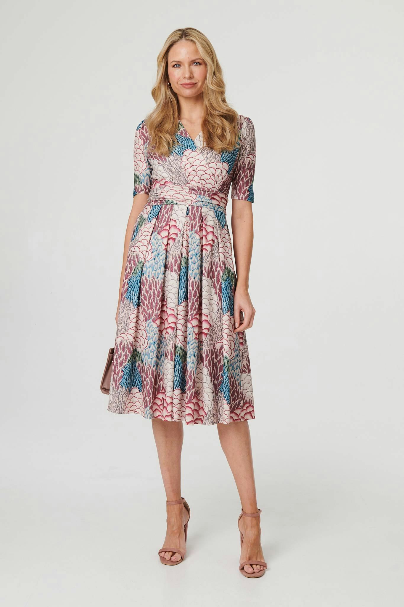 Izabel London Beige Printed 1/2 Sleeve Pleated Midi Dress - 8