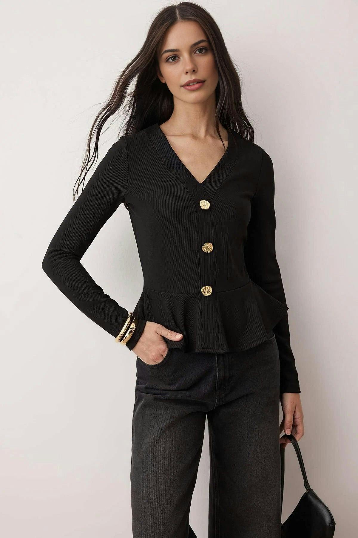 Wovcor Black V-Neck Buttoned Peplum Flexible Knit Blouse - Xs