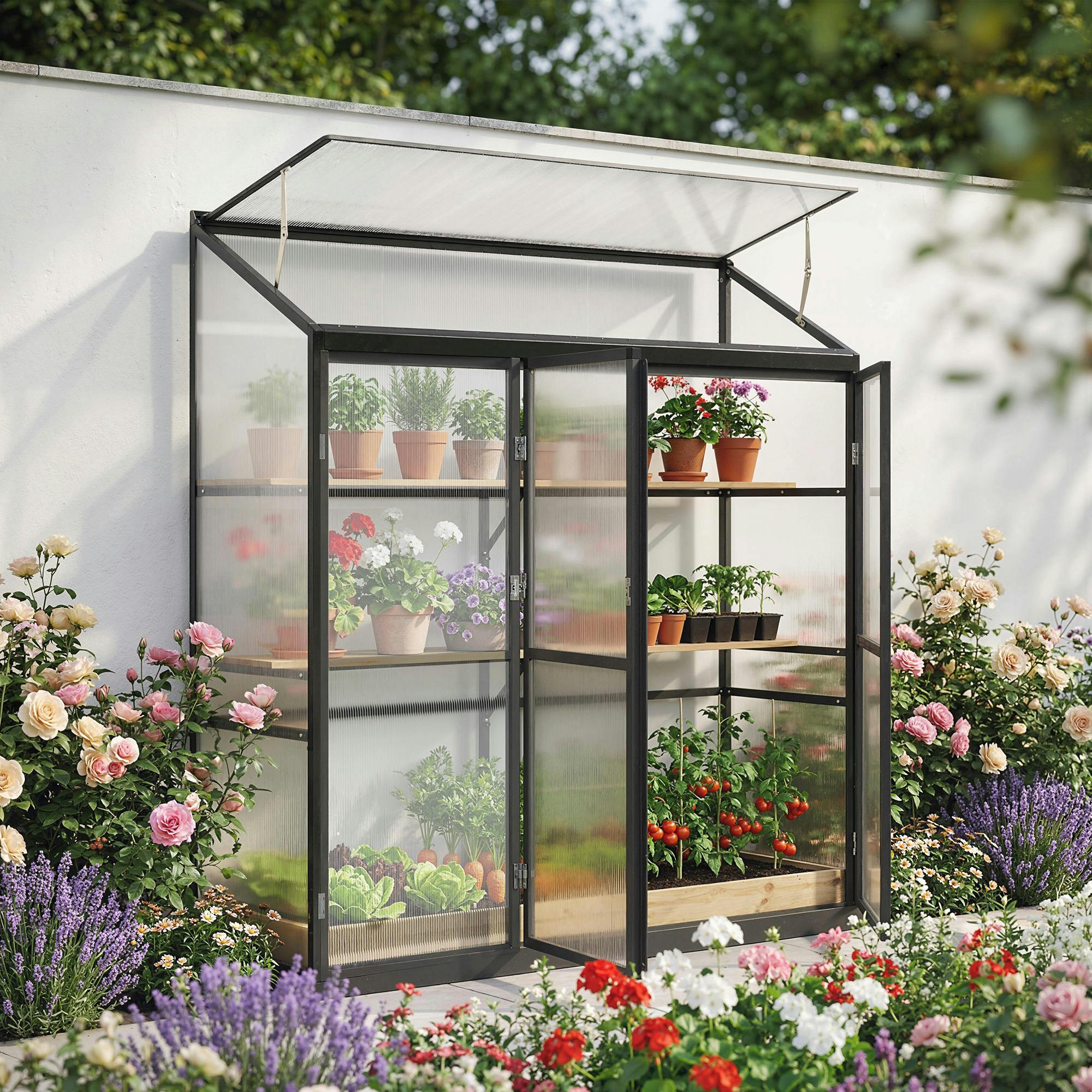 Outsunny Black Polycarbonate Greenhouse With 3 Doors, Aluminium Walk-In Greenhouse - 175 X 50 X 180 Cm - 1