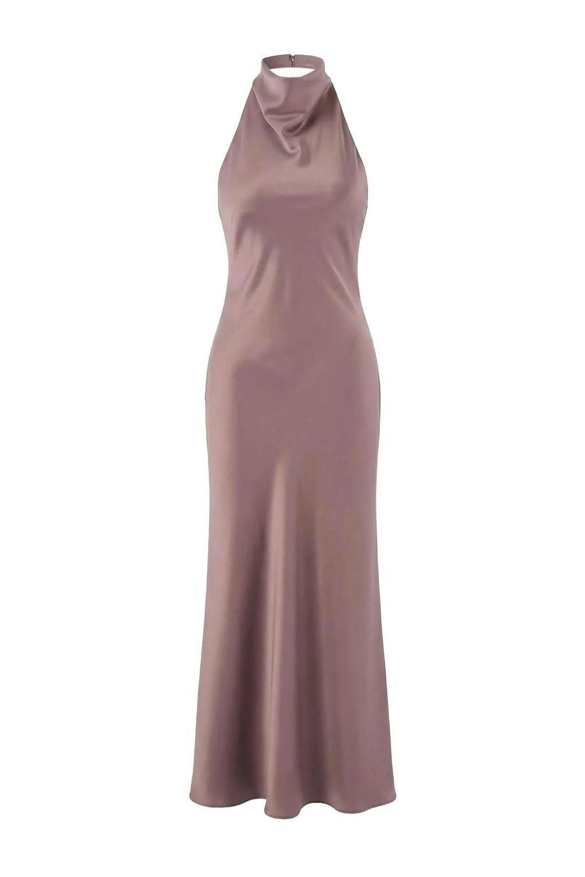 Wovcor Satin V-Neck Woven Evening Dress - Taupe - 14