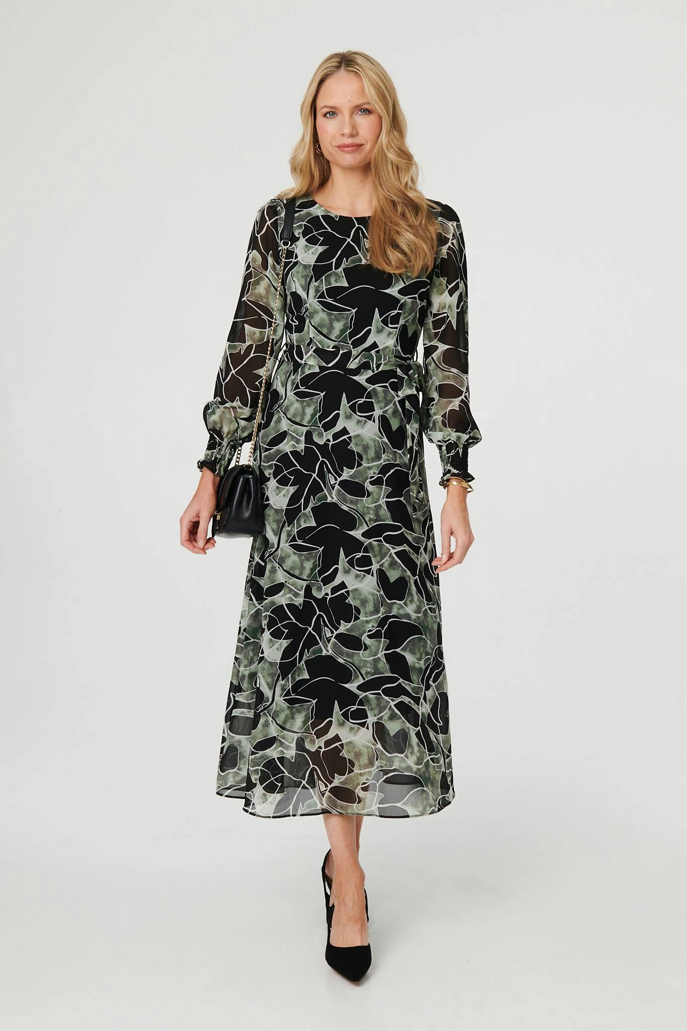 Izabel London Green Abstract Long Sleeve Layered Maxi Dress - 8