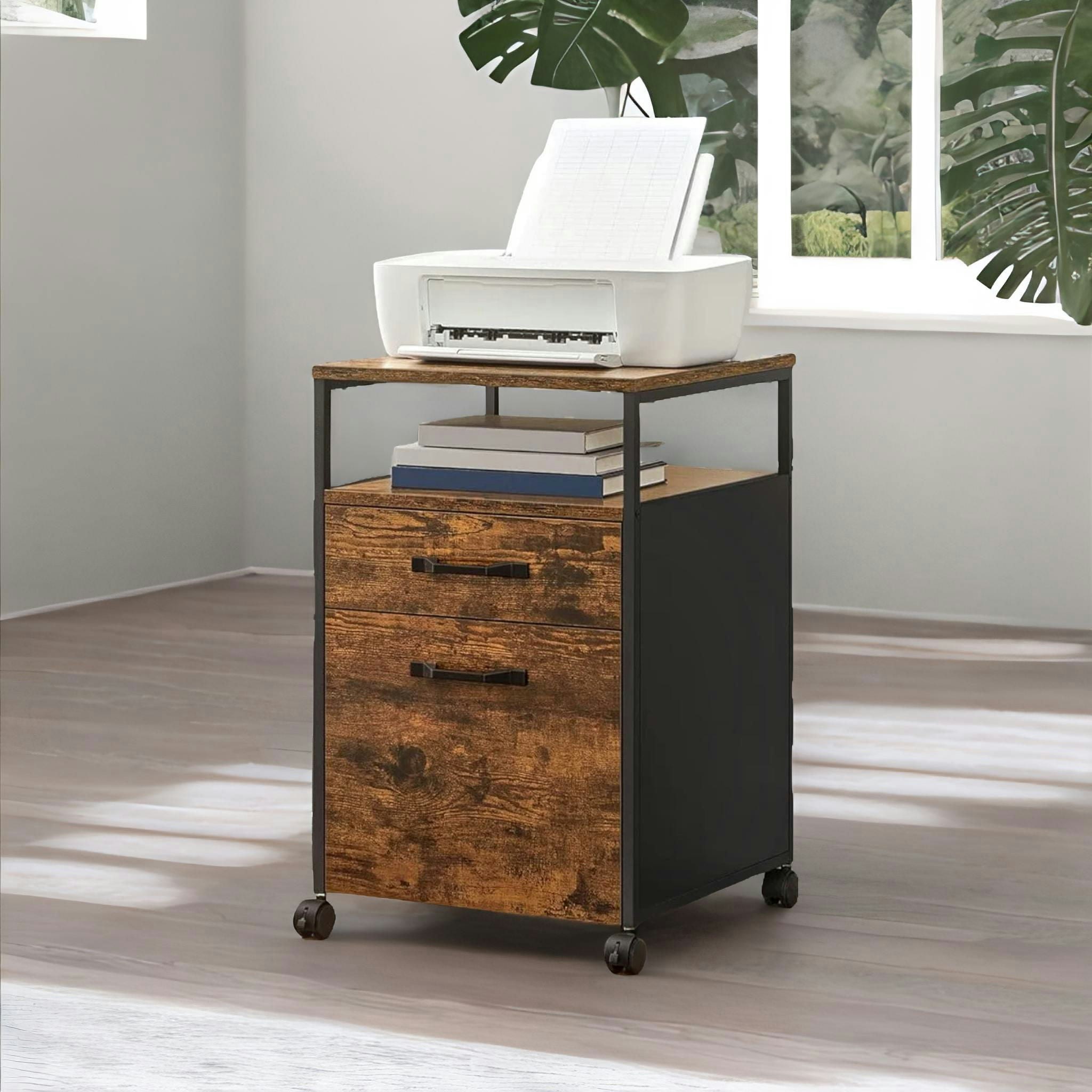 Rafaelo Mobilia Brown 2 Drawer Industrial Filing Cabinet With Lockable Wheels Rustic