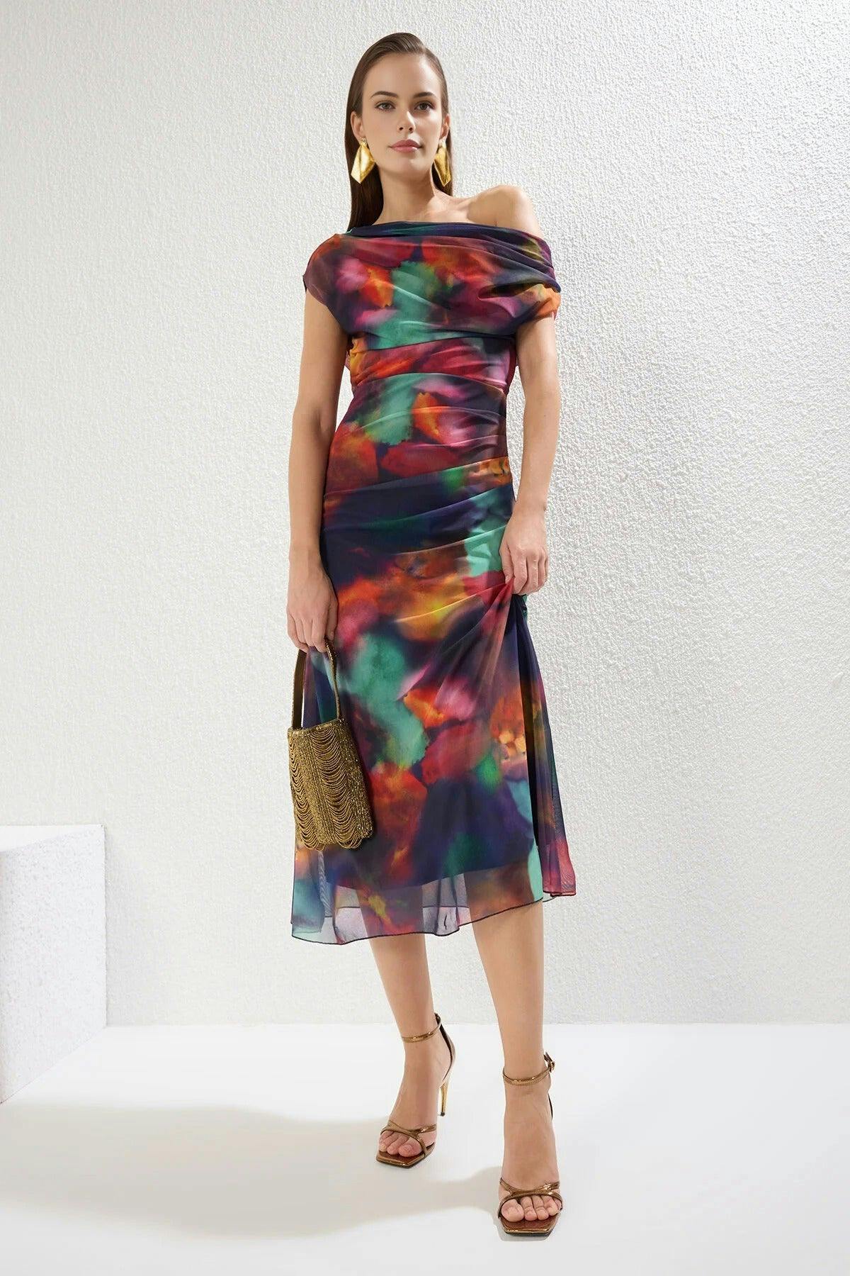 Wovcor Patterned Lined Tulle Knit Midi Evening Prom Dress - Multi - 10