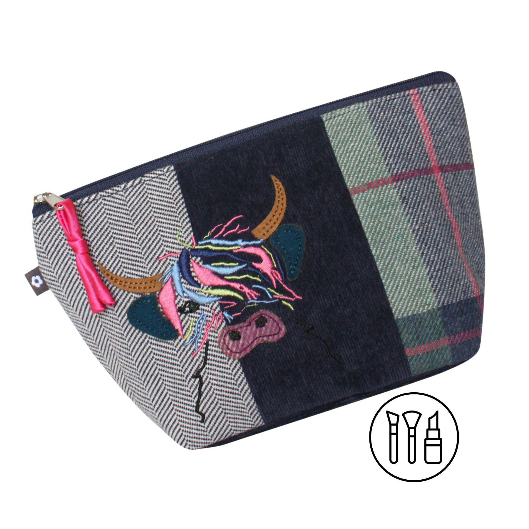 Earth Squared Tweed Highland Cow Applique Make Up Bag - One Size - Multi - Tweed
