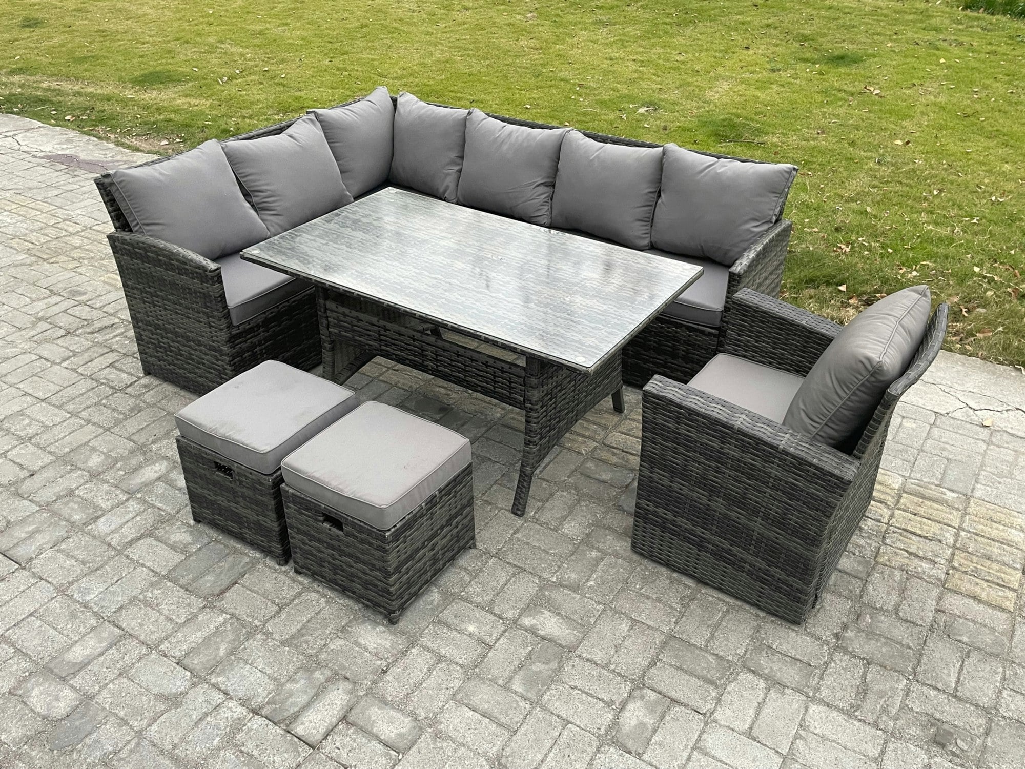 Fimous Dark/Grey Mixed Rattan Outdoor Corner Sofa Set - Rectangular Dining Table, 2 Small Footstools & Armchair