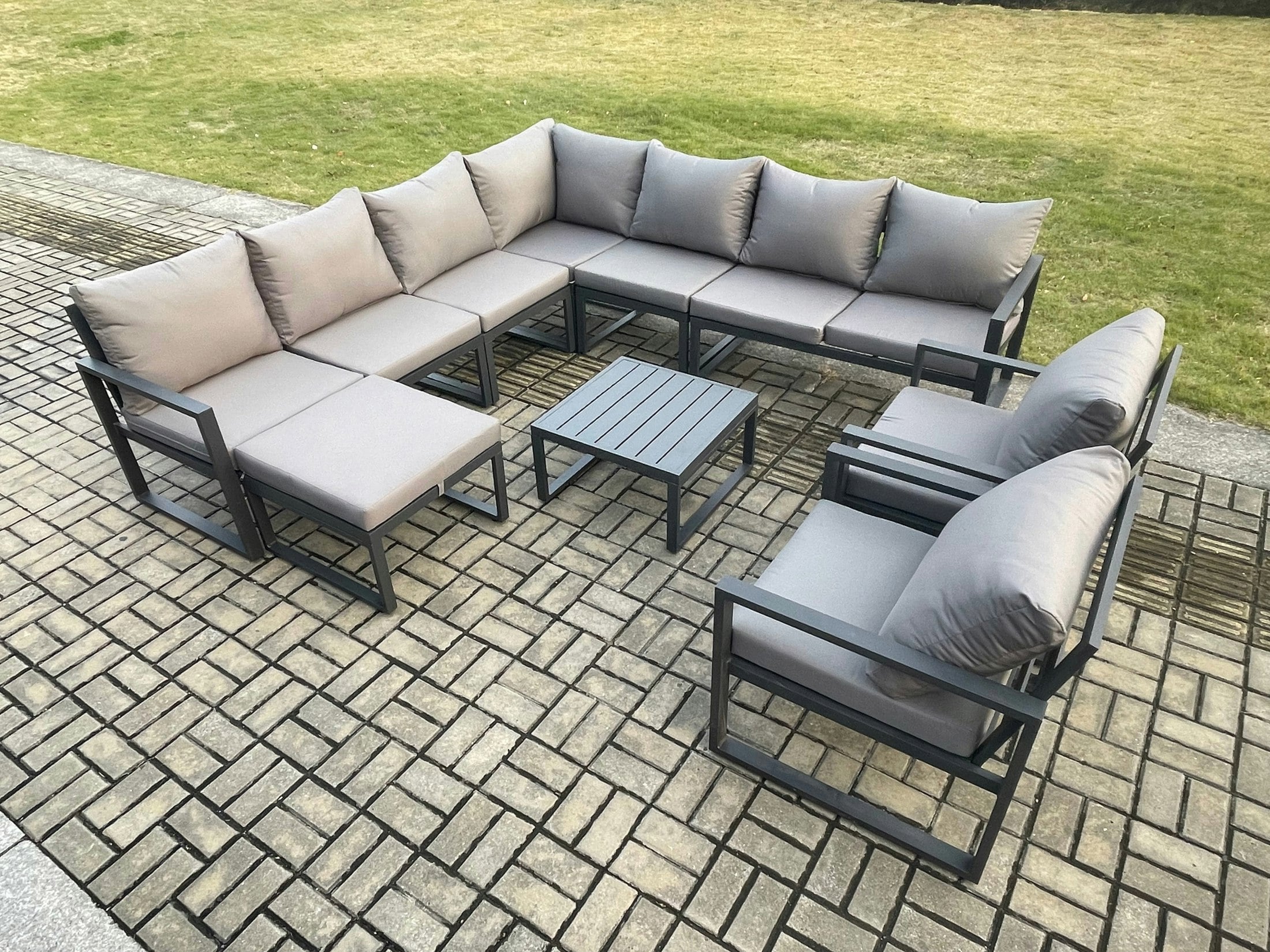 Rackhams Dark/Grey Outdoor Garden Furniture Patio Lounge Corner Sofa Aluminium Set With Square Coffee Table Big Footstool 2 Chair