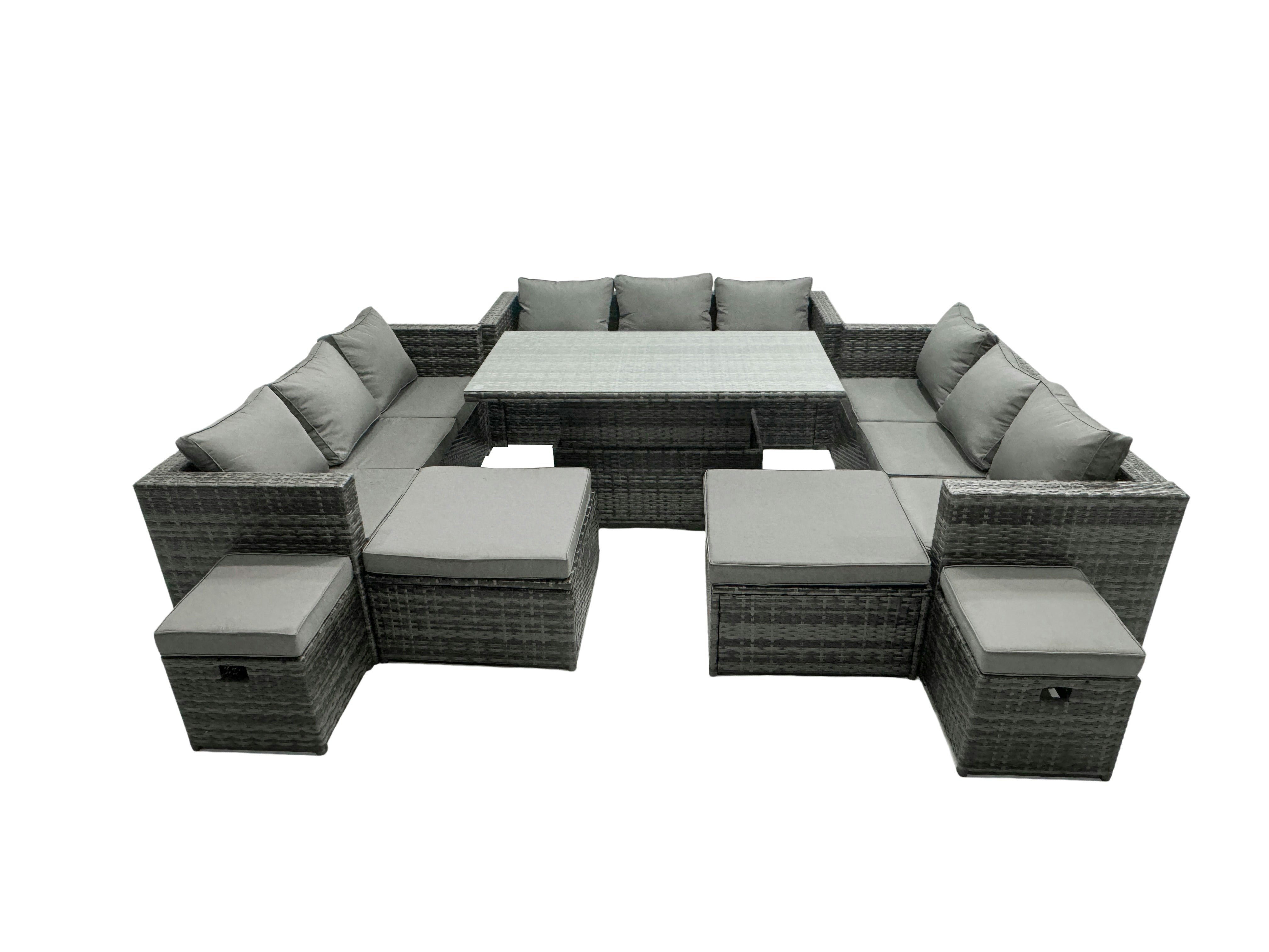 Fimous Dark/Grey Rattan Dining Table Sofa Set With 4 Stools Outdoor 13 Seat Garden Furniture Set Mixed