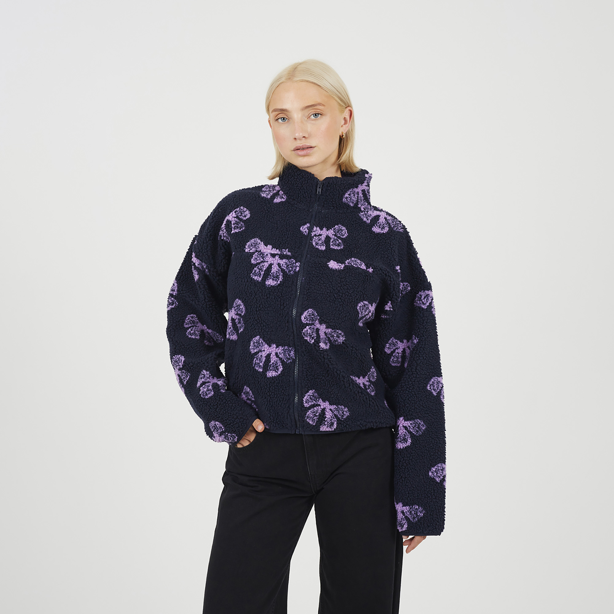 Brave Soul Graphic Bow Print Zip Through Sherpa Fleece - Navy - Navy - M