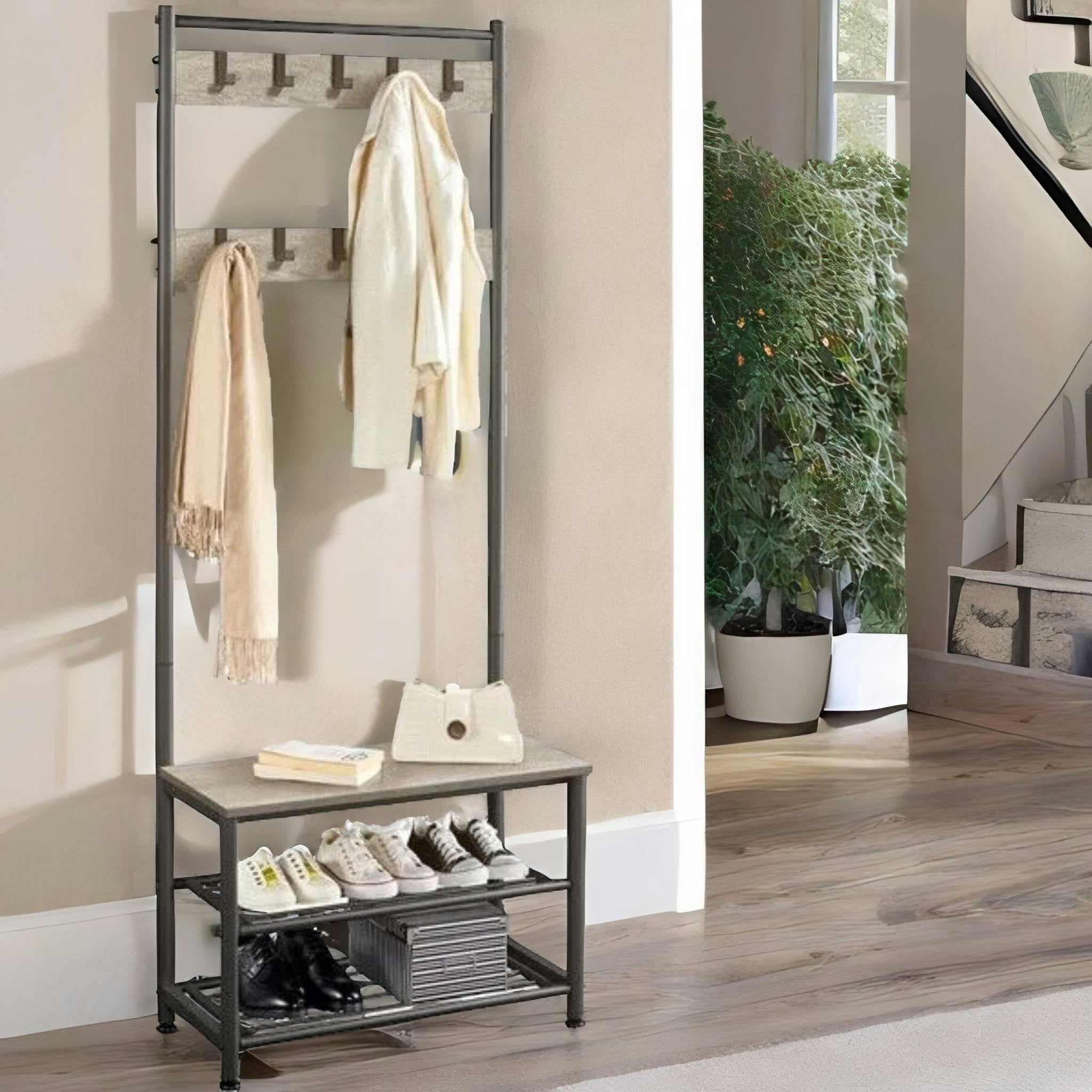 Rackhams Brown Hall Tree Coat Stand With Shoe Storage And Hooks