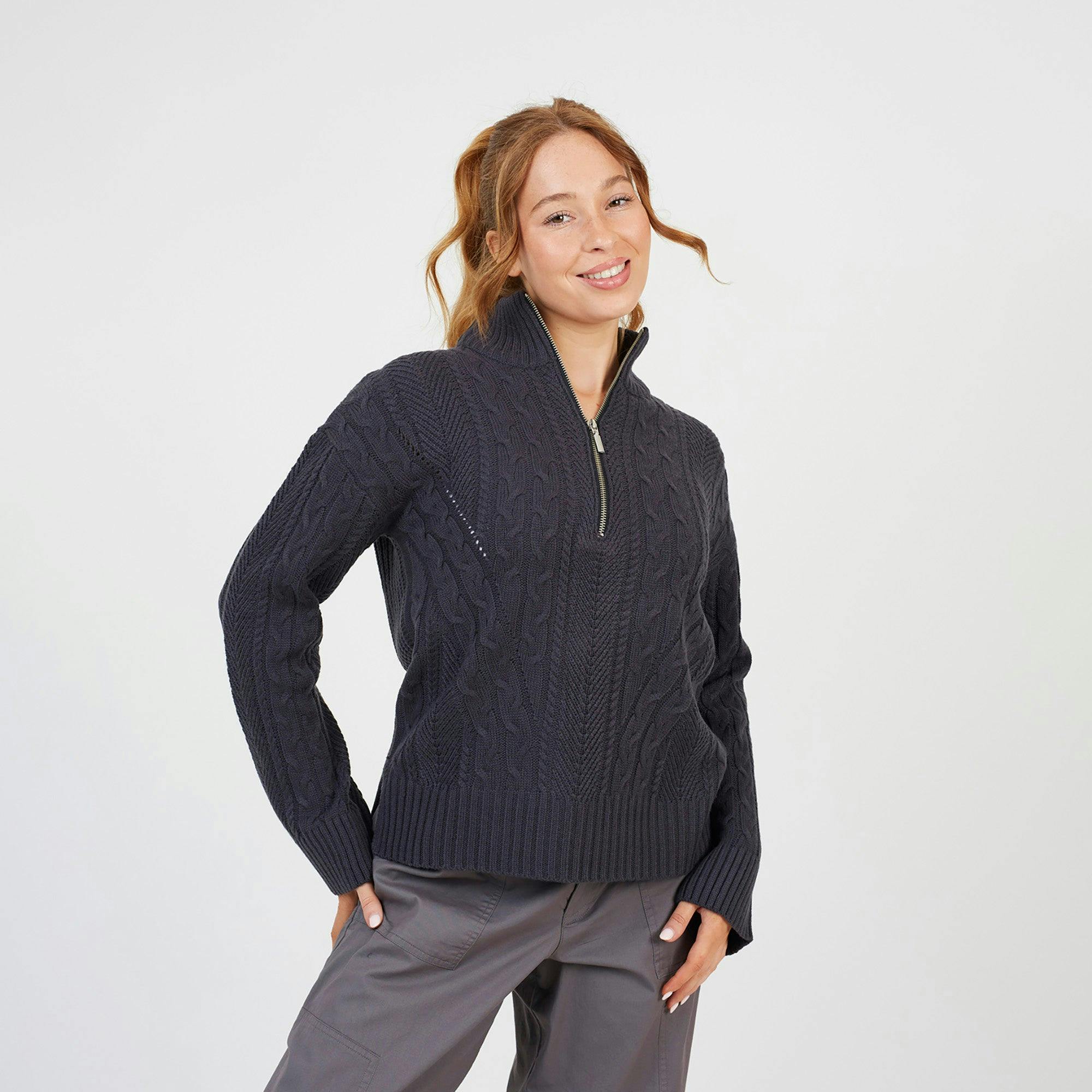 Brave Soul Half Zip Cable Knit Jumper - Charcoal - Charcoal - S