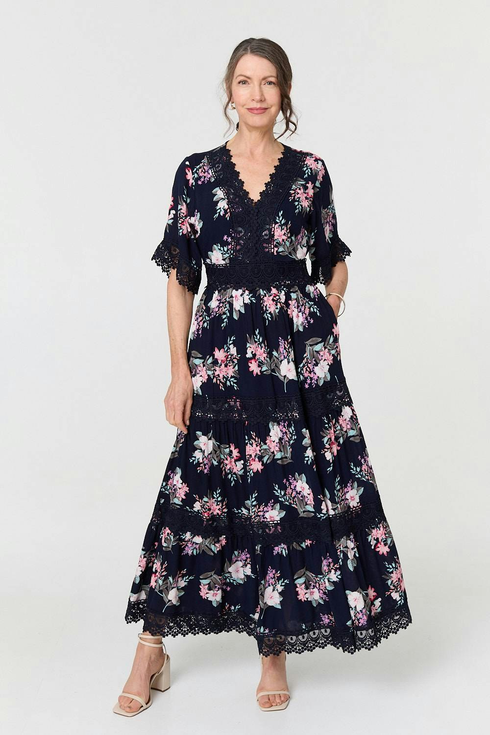 Izabel London Floral Lace Tiered 3/4 Sleeve Maxi Dress - Navy - 10