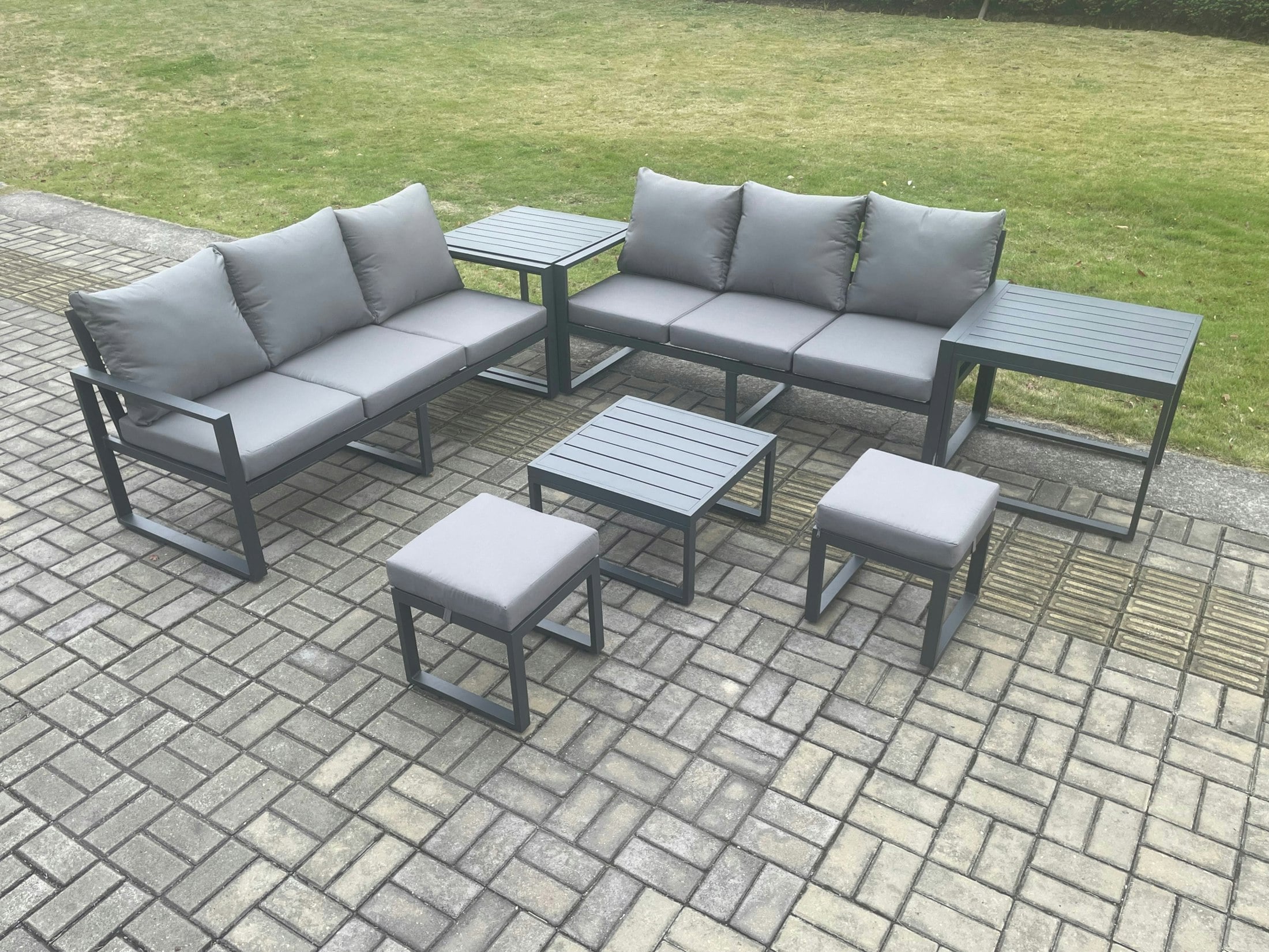 Rackhams Dark/Grey Aluminium 7 Pieces Garden Furniture Sofa Set With Cushions 8 Seater With Square Coffee Table 2 Small Footstools 2 Side Tables
