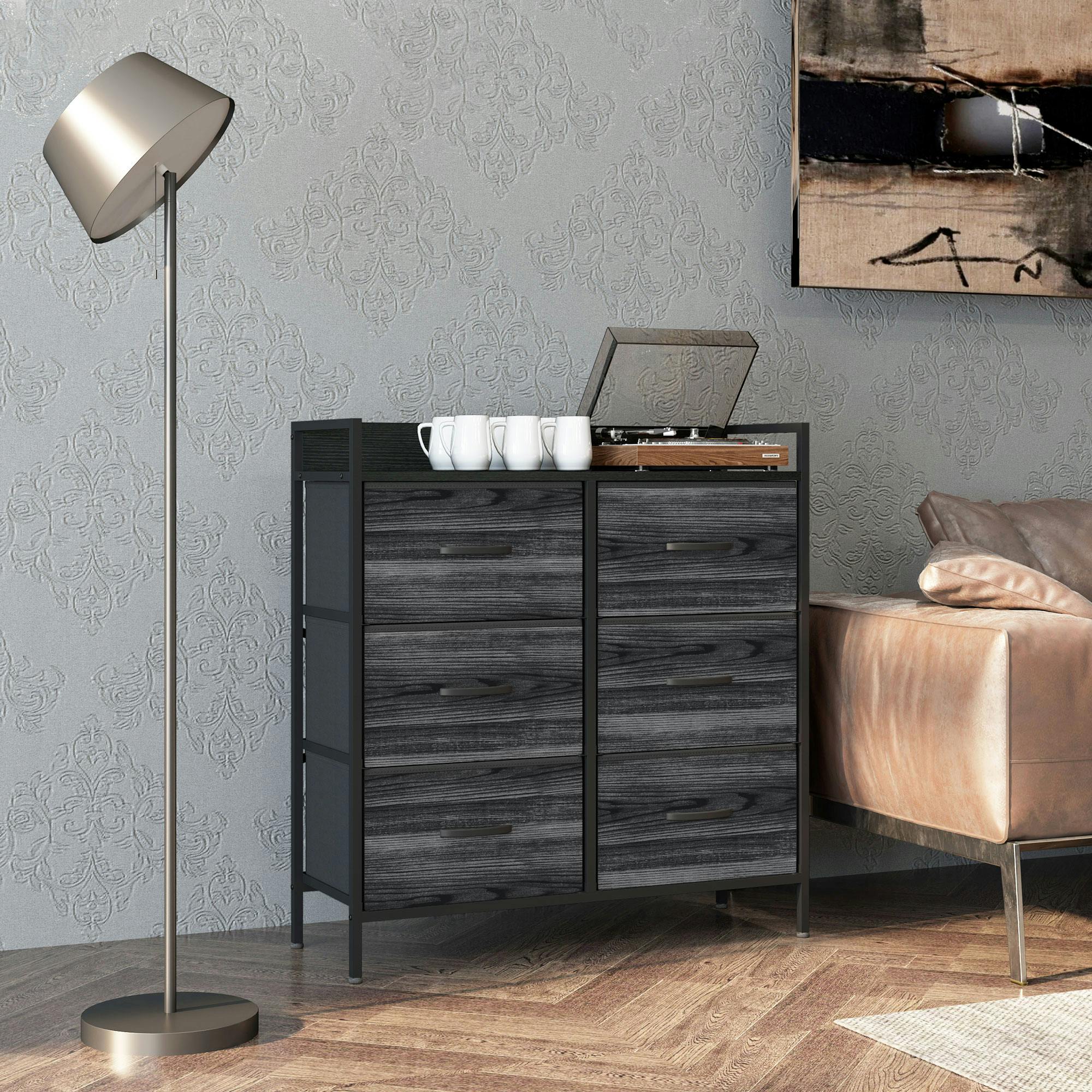 Rackhams Black Bedroom Chest Of Drawers 6 Drawer Dresser W/ Shelf,