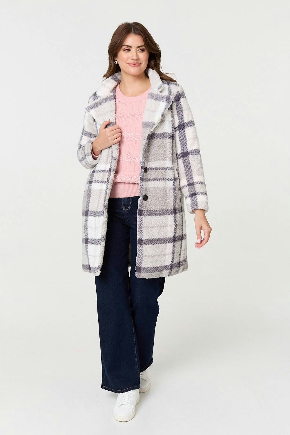 Izabel London Grey Checked Teddy Fur Thigh Length Jacket - 8