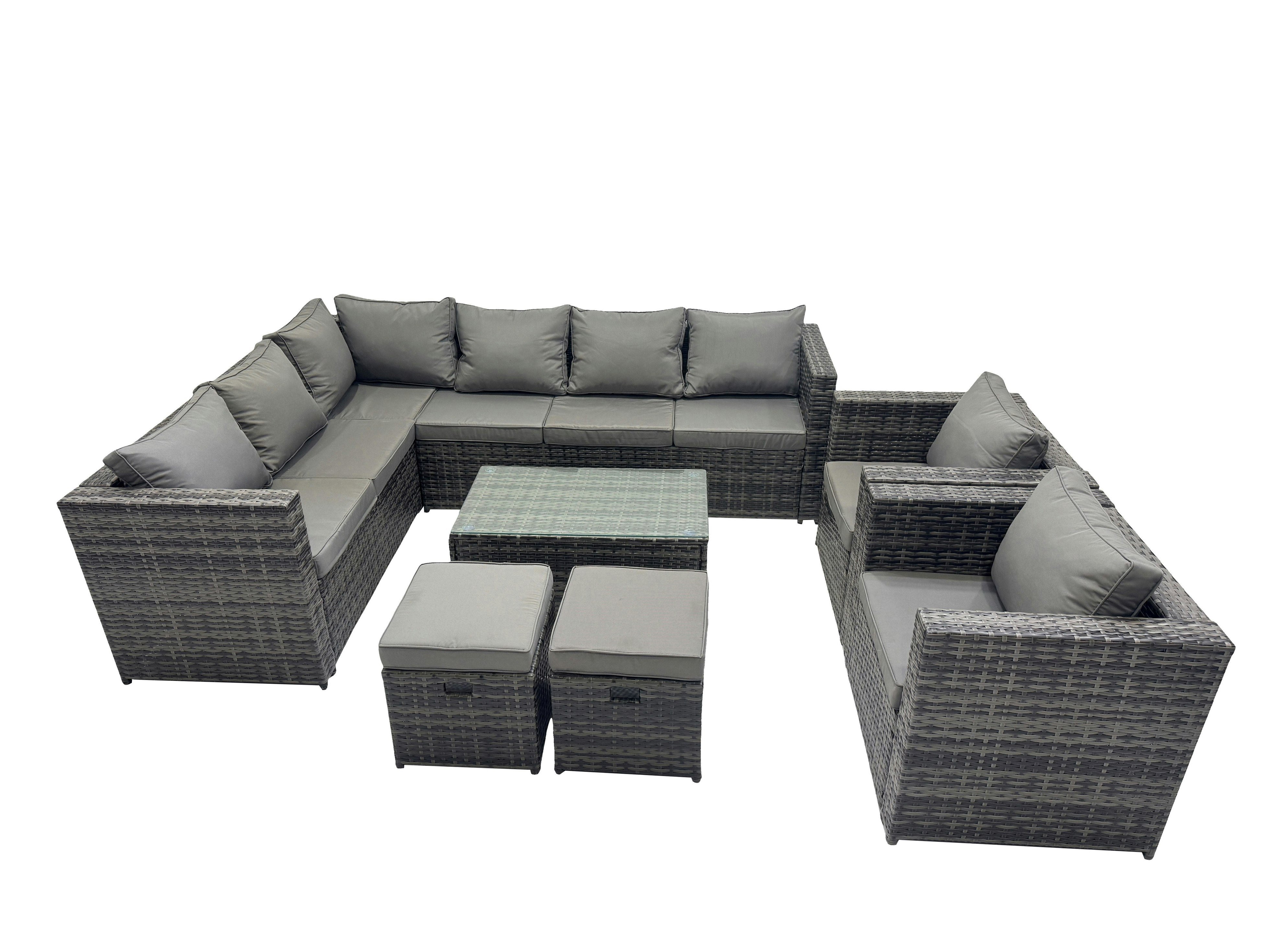 Rackhams Dark/Grey Outdoor Rattan Rectangular Coffee Table Corner Sofa Sets Garden Furniture Set With 2 Chairs 2 Small Stools Mixed