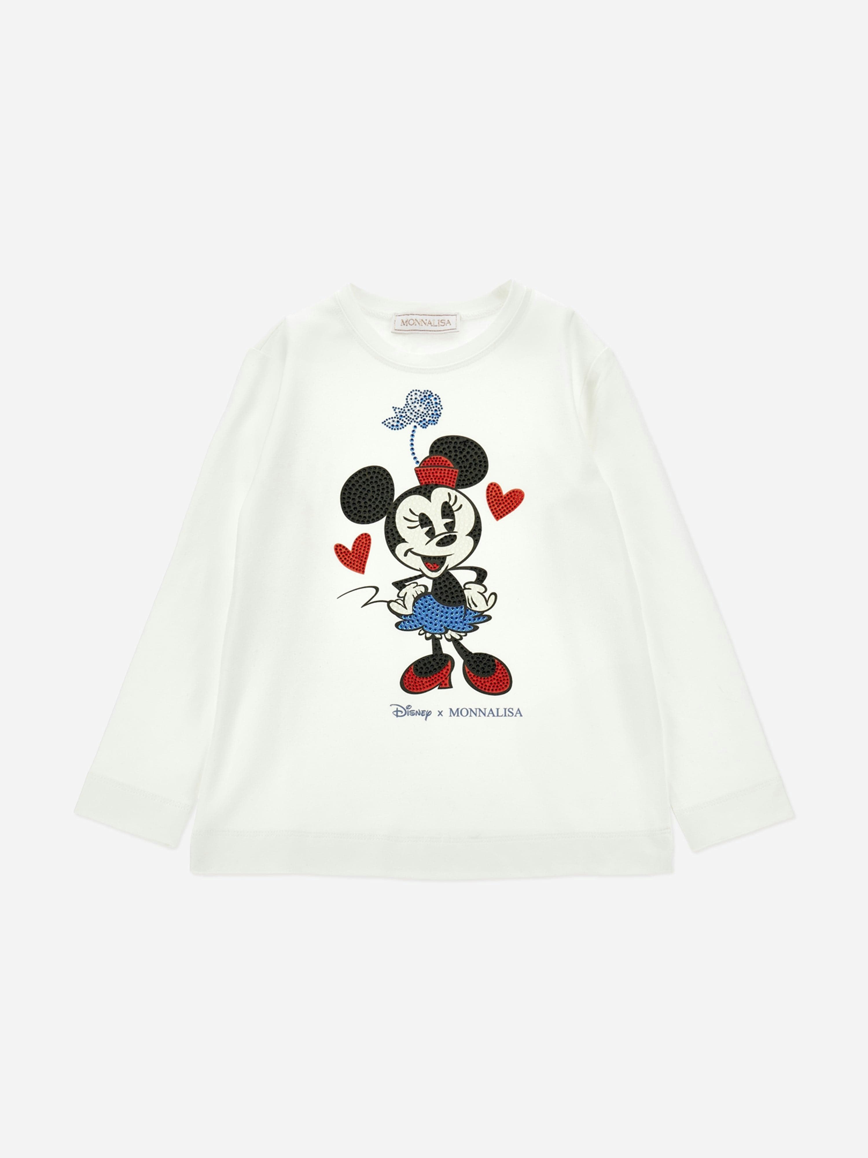 Monnalisa Girls Ivory Long Sleeve Diamante Minnie T-Shirt In - 12 Yrs