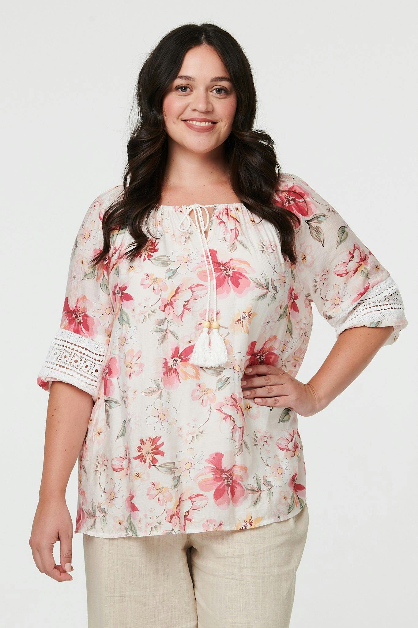 Izabel London Pink Curve Floral Lace Bardot Neck Blouse - 22