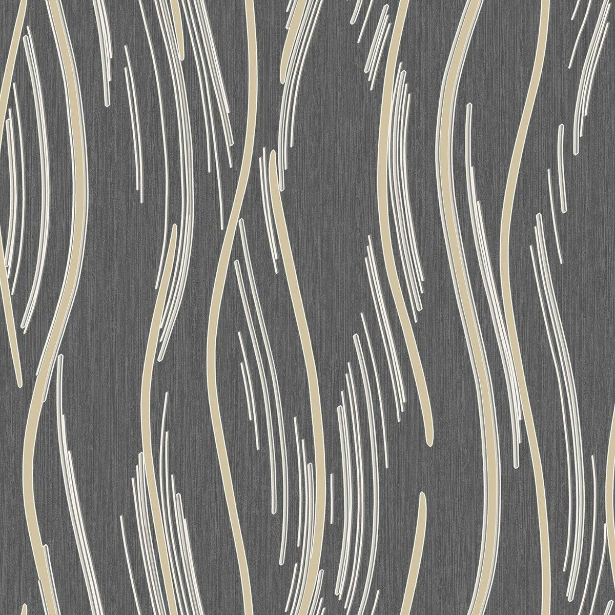 Rackhams Black/Gold Shimmer Wave Textured Wallpaper - 10M X 53Cm - 100% Mixed