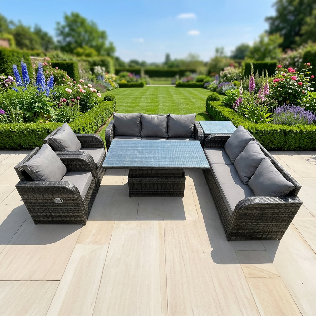Fimous Dark/Grey Pe Rattan Outdoor Garden Furniture Sets Height Adjustable Rising Lifting Diningtable Sofa Set With Reclining Chair Side Table Mixed