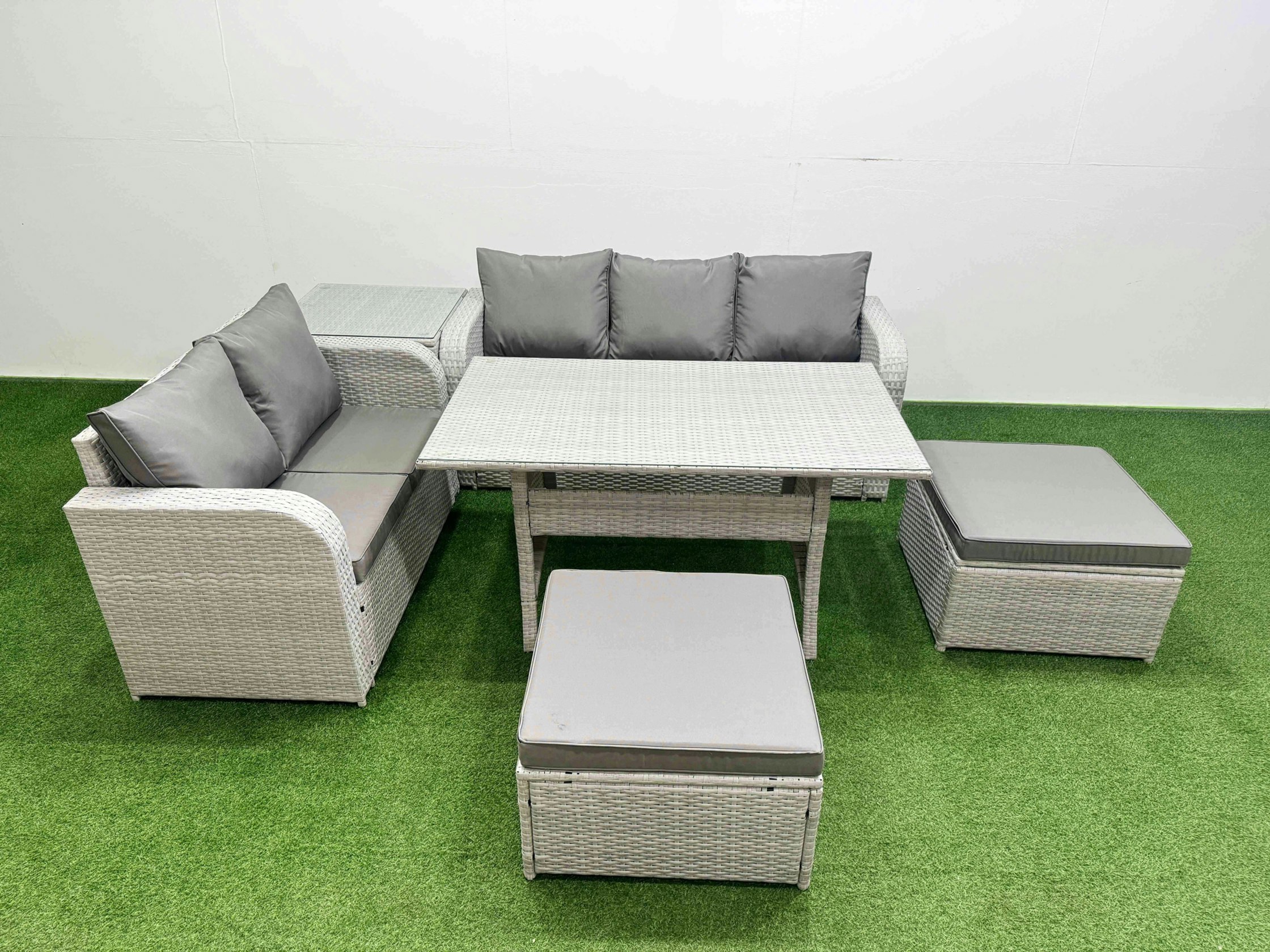 Fimous 7 Seater Rattan Conservatory Sofa Set - Rectangular Dining Table, 3-Seater Sofa, Loveseat & 2 Big Footstools